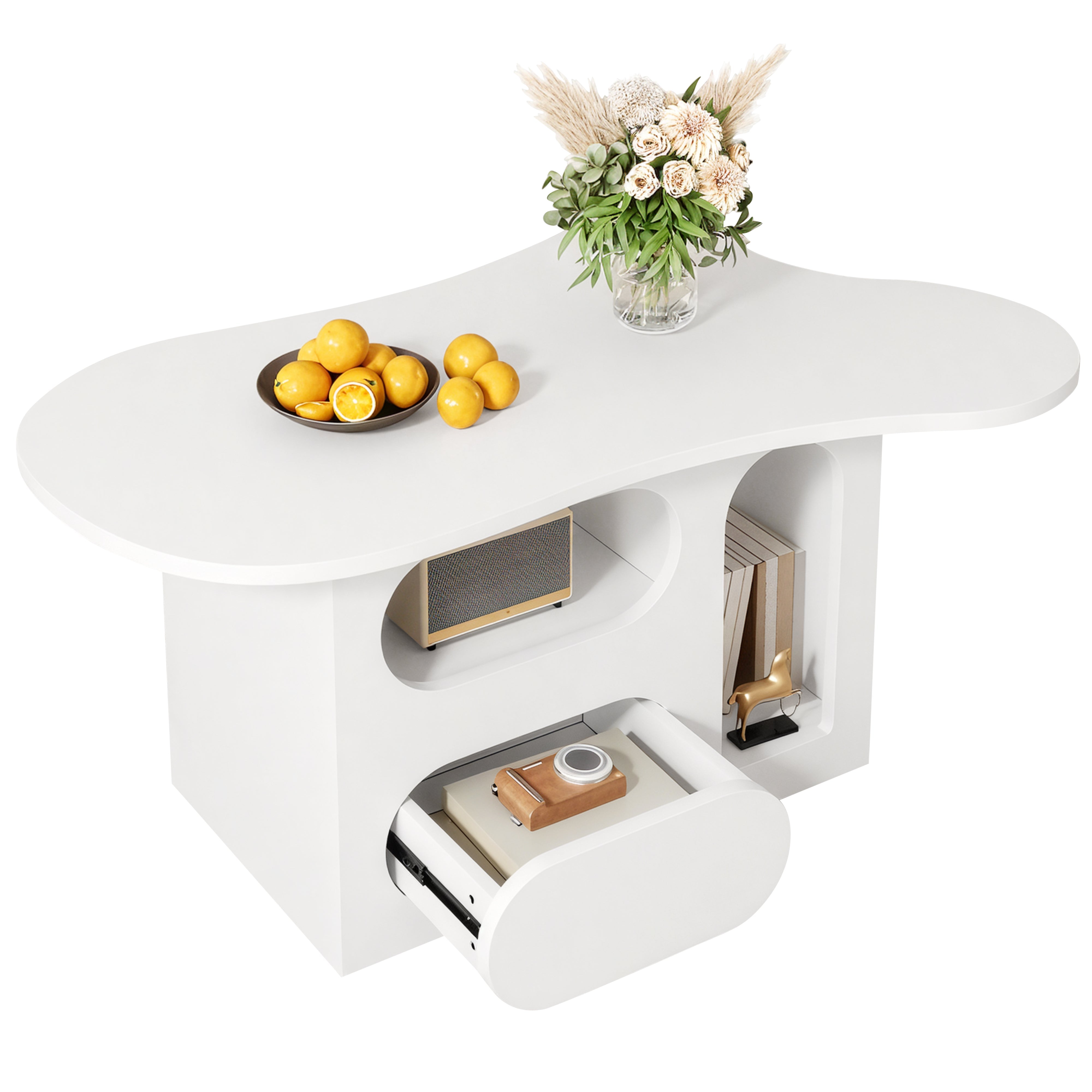 Coffee Table with Drawers, Cloud-Shaped with Open Storage, High-Quality Material