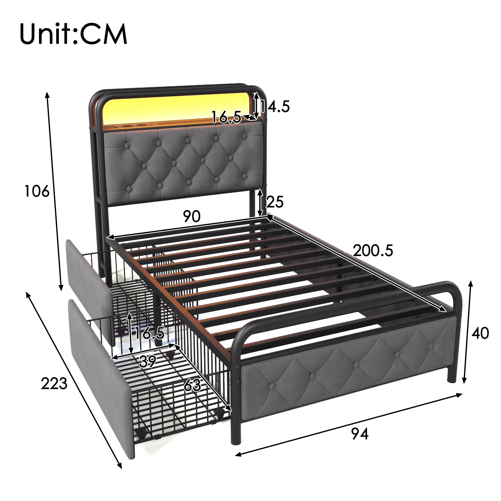 Upholstered Single Bed with USB Type C, LED & 2 Drawers, 90x200, Velvet