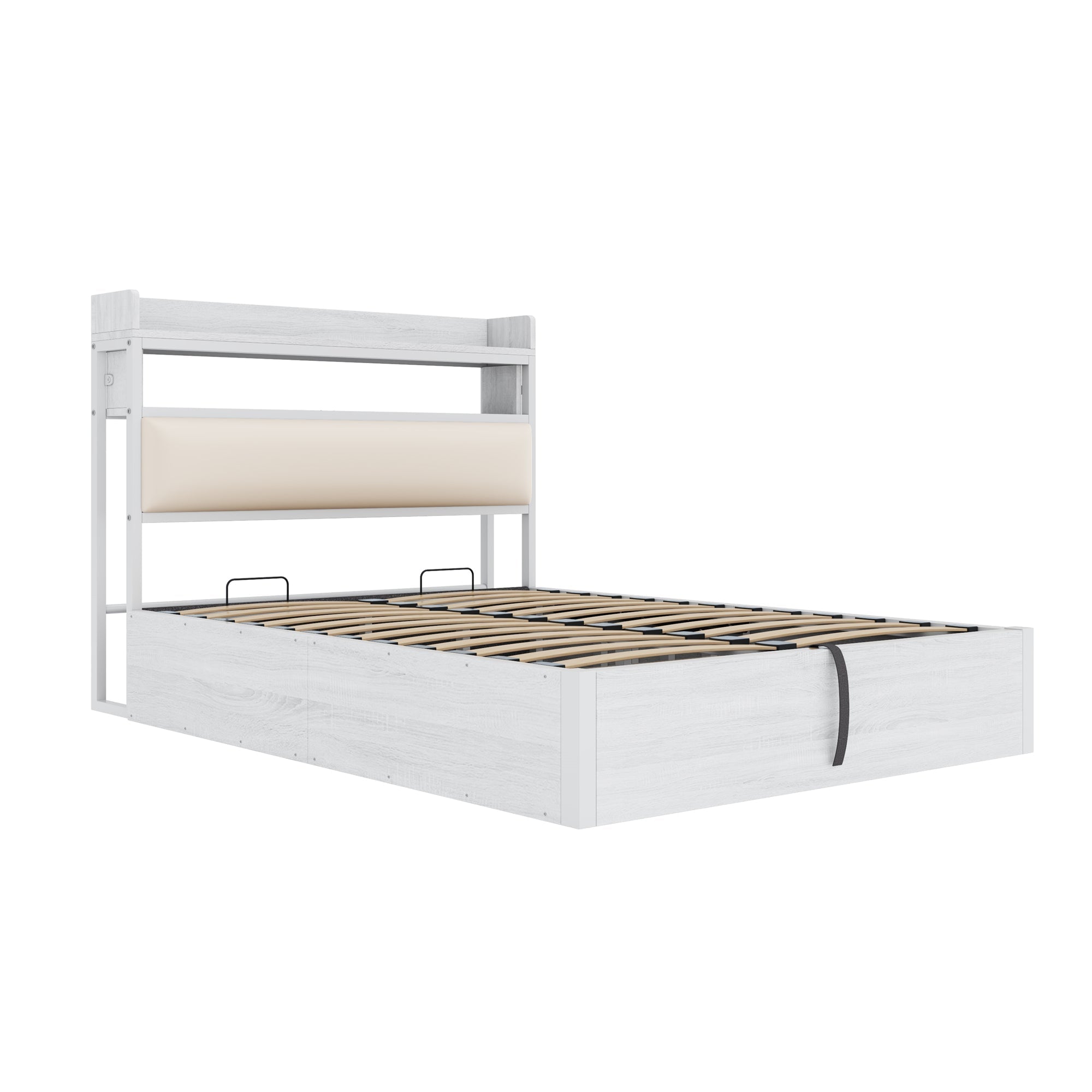 Bed Frame 140x200, Hydraulic Lift, USB, Upholstered Headboard, Wood & Metal, White