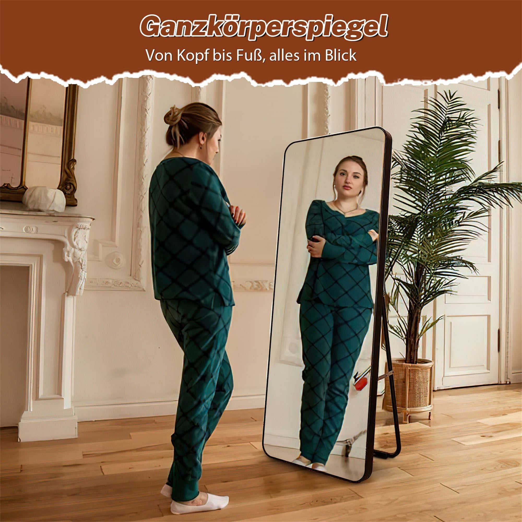 Full-length Mirror 45x155 cm, Shatterproof Freestanding/Wall-Mountable, Black