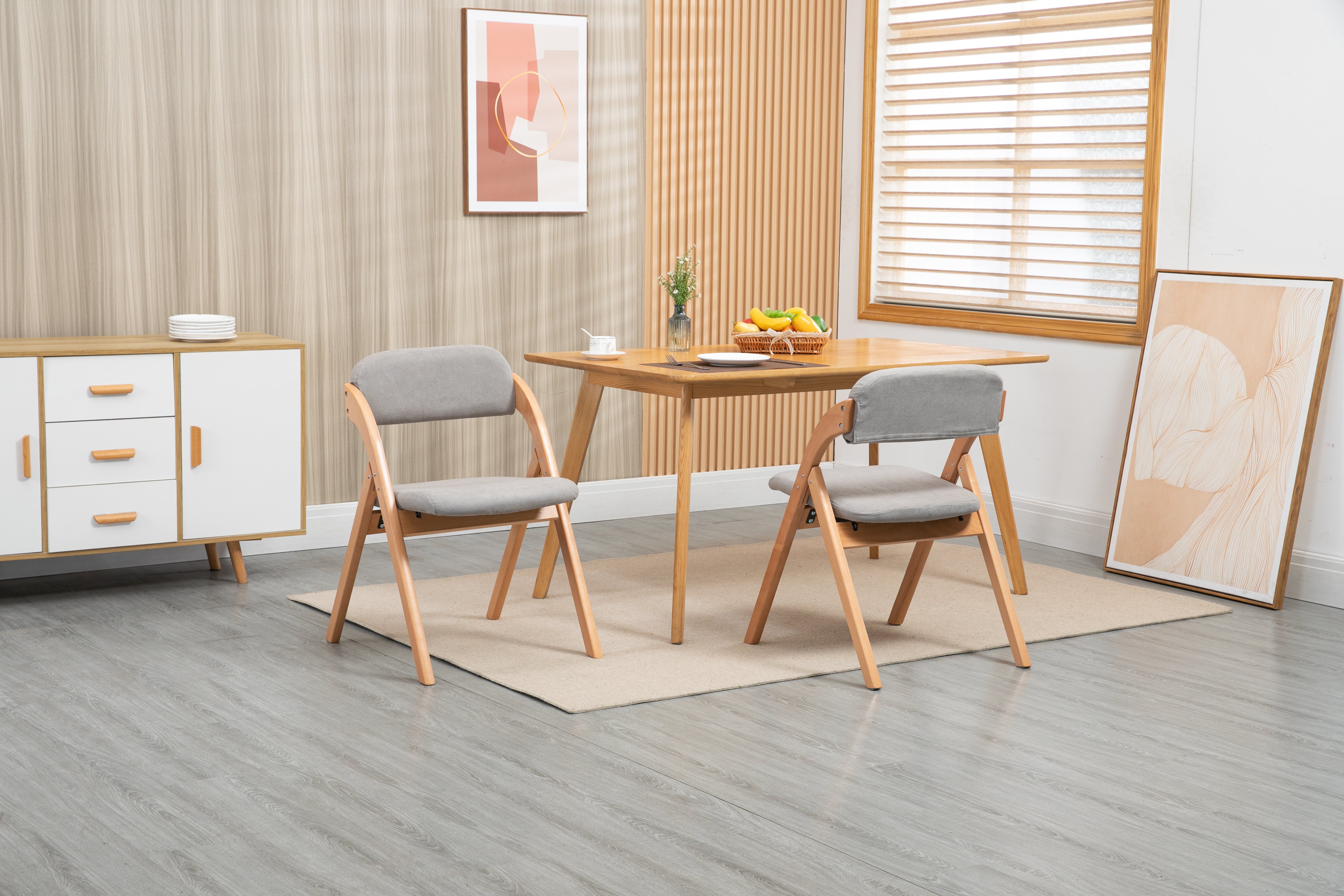Folding Dining Chairs Set of 2 Padded Stackable Wooden Removable Cover Grey