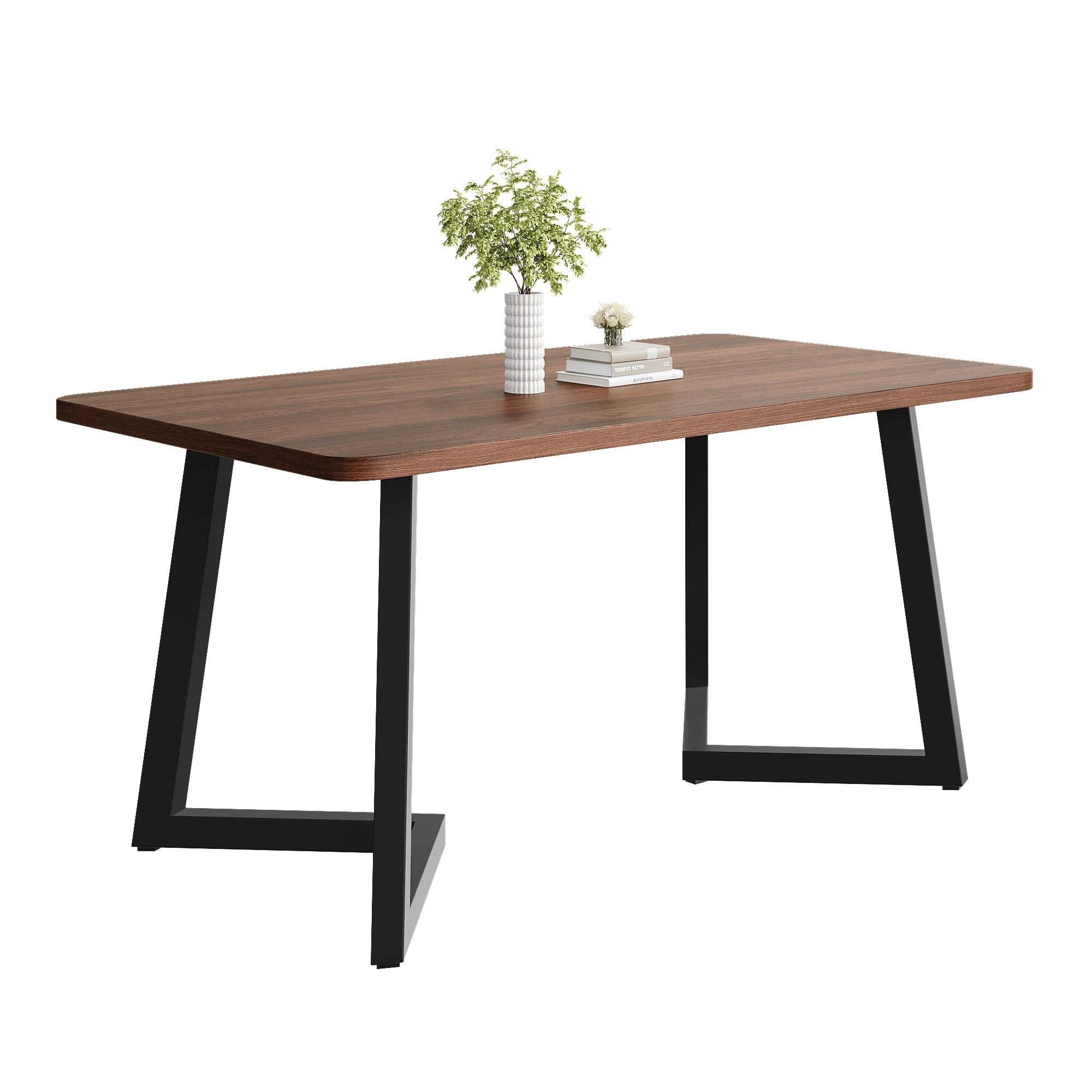Dining Table 117x68cm Rectangular Wood Grain Metal Legs, Black/Walnut Color