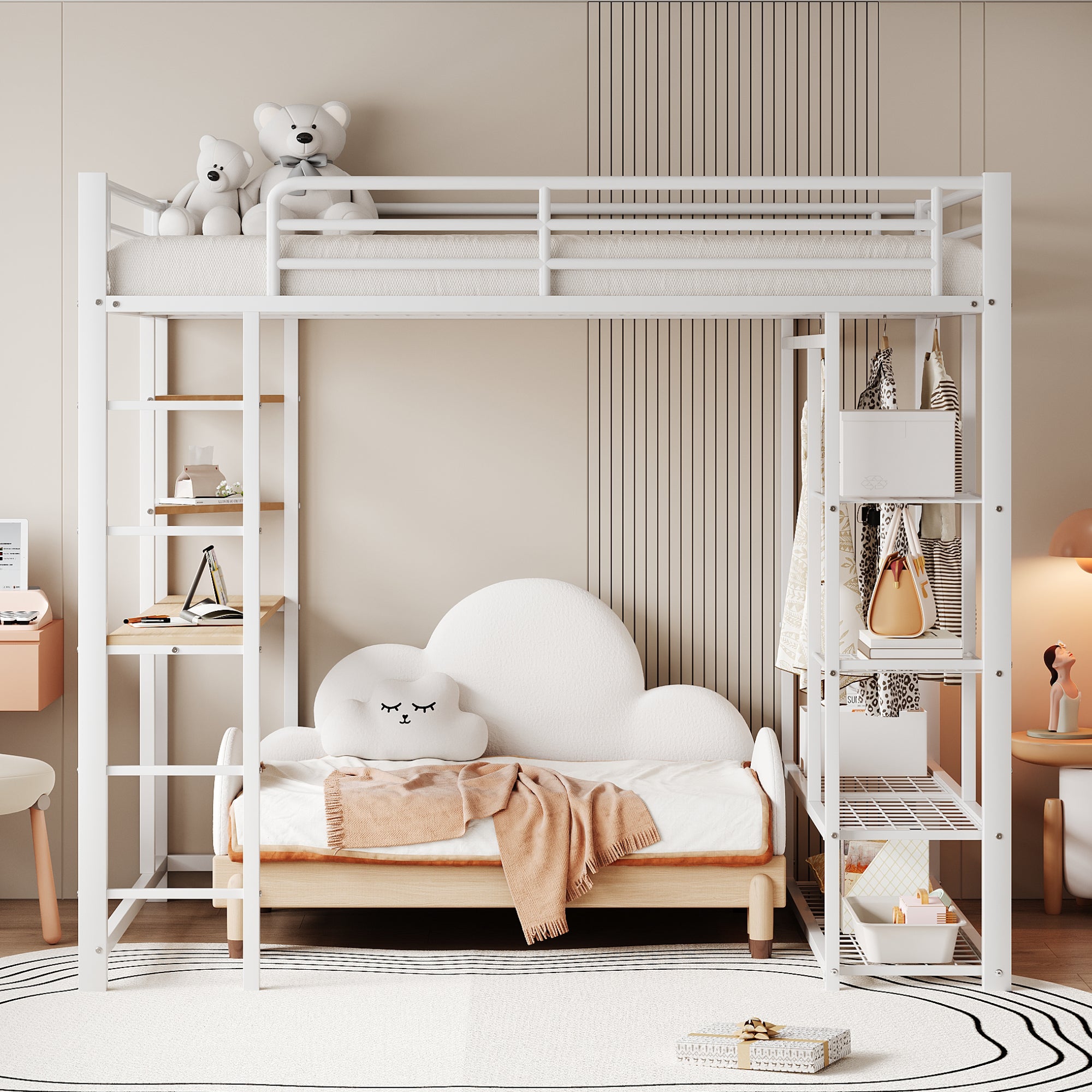 Metal Loft Bed, 140x200cm Junior Double with Desk & Storage, White