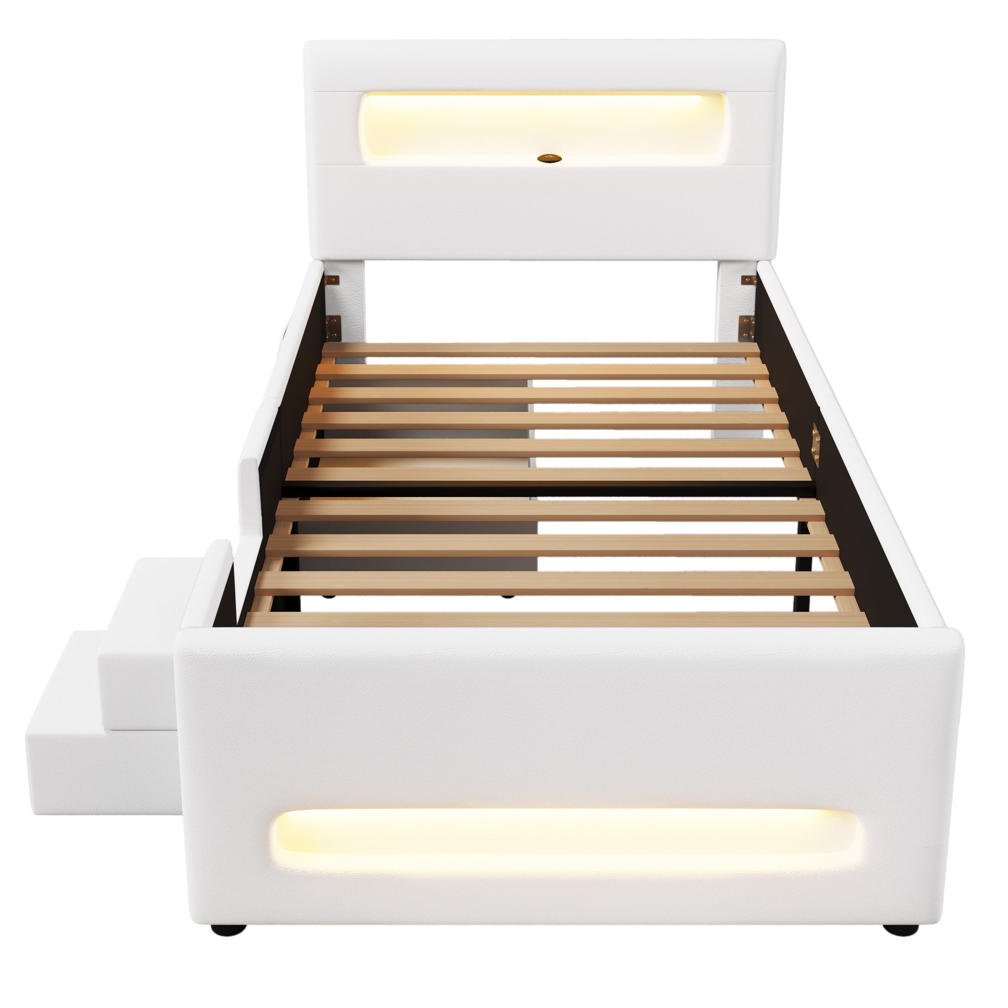 Upholstered Platform Bed 90x200cm Stairs Drawers LED USB Storage Pockets - White