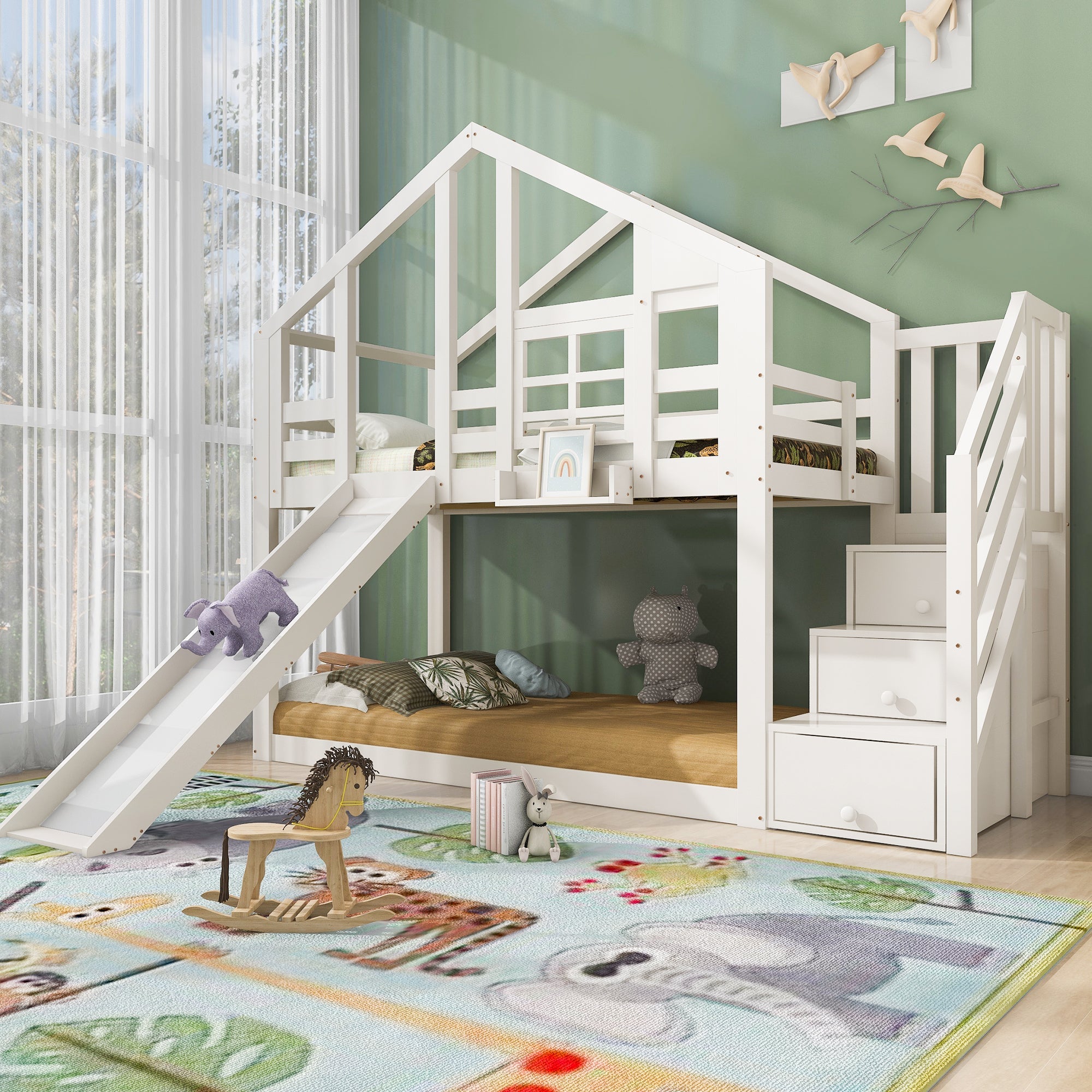 Children's Bed Tree House 90x200cm, Bunk Bed with Slide & Fall Protection, White