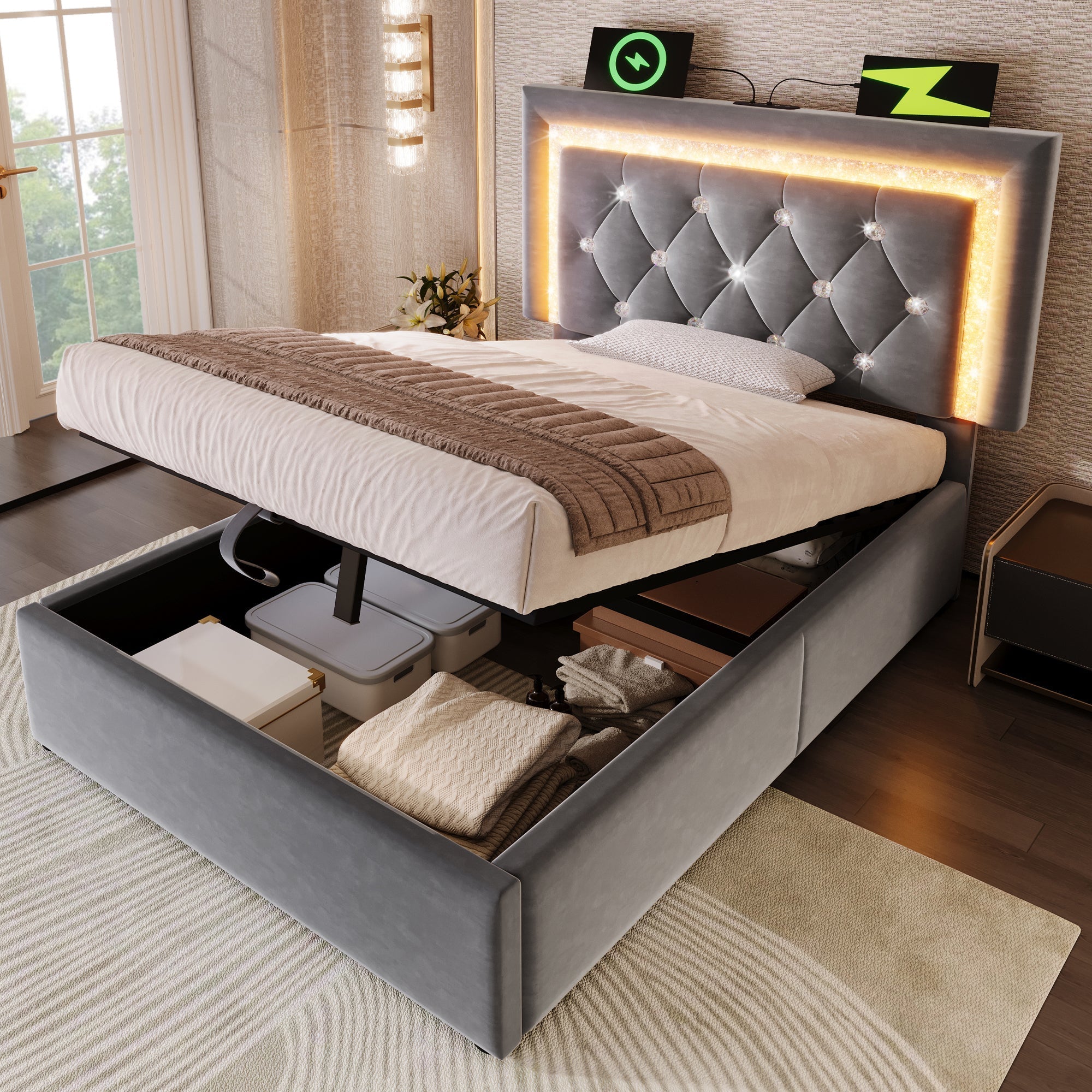 Upholstered Single Bed 90x200cm Hydraulic Storage LED USB/Type-C Charging - Velvet Grey