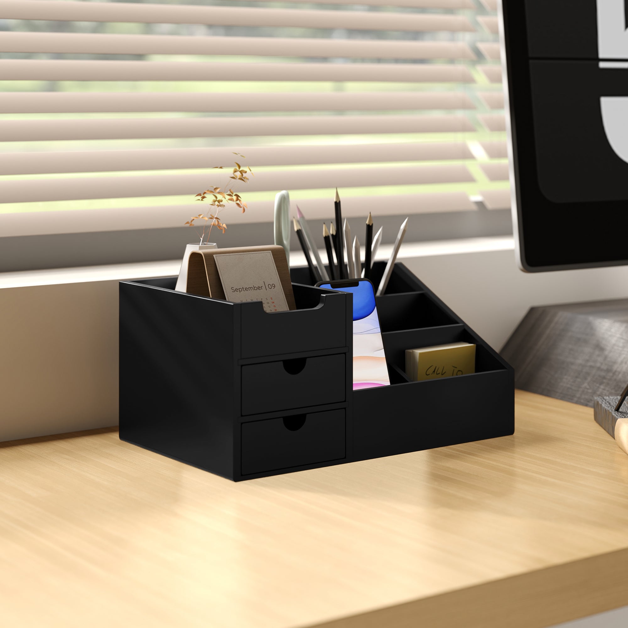 Desk Organiser Holder Multi-Function with 7 Compartments 2 Drawers Bamboo Black