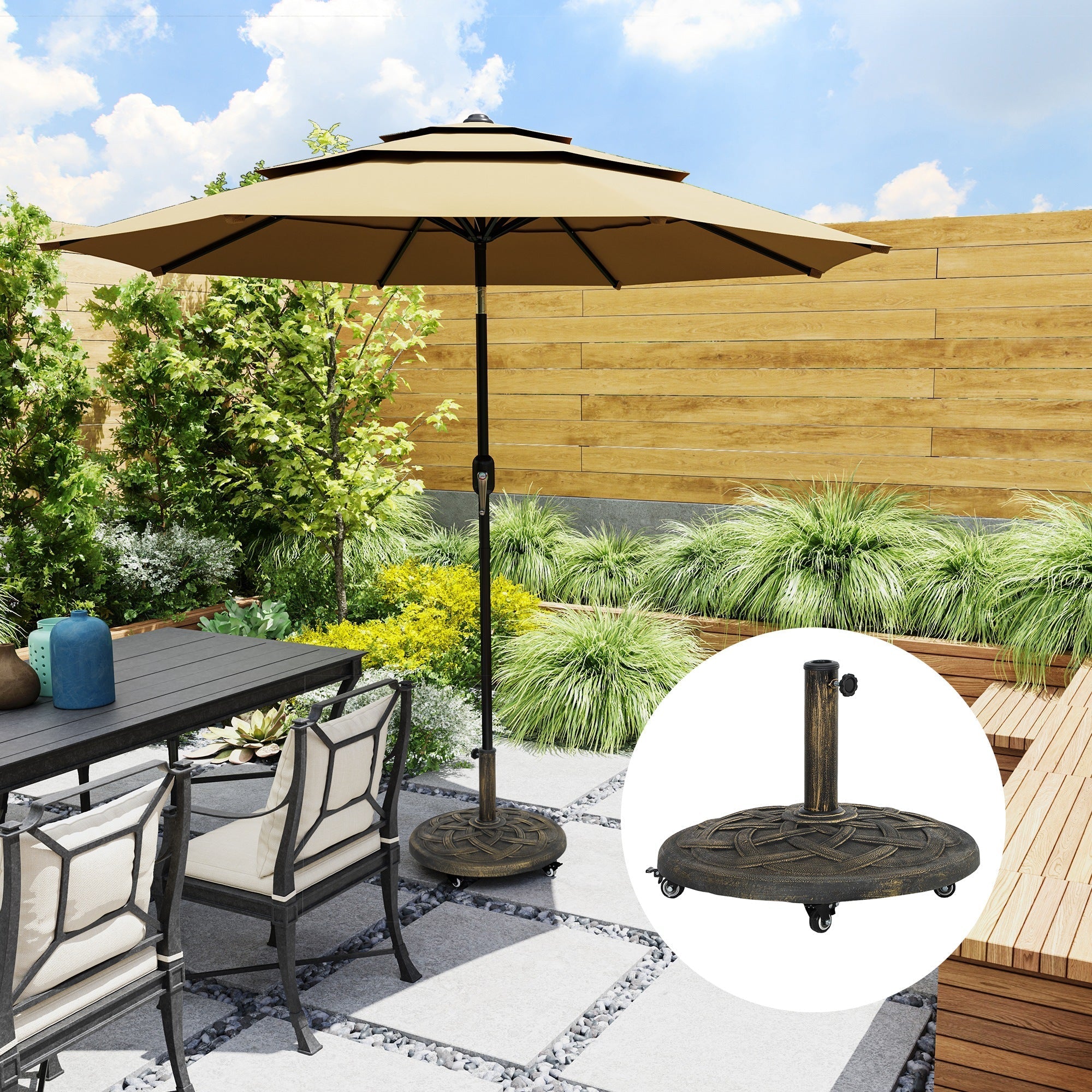 Parasol Base with Wheels, Round Holder for 34/38/48mm Poles, Concrete Bronze