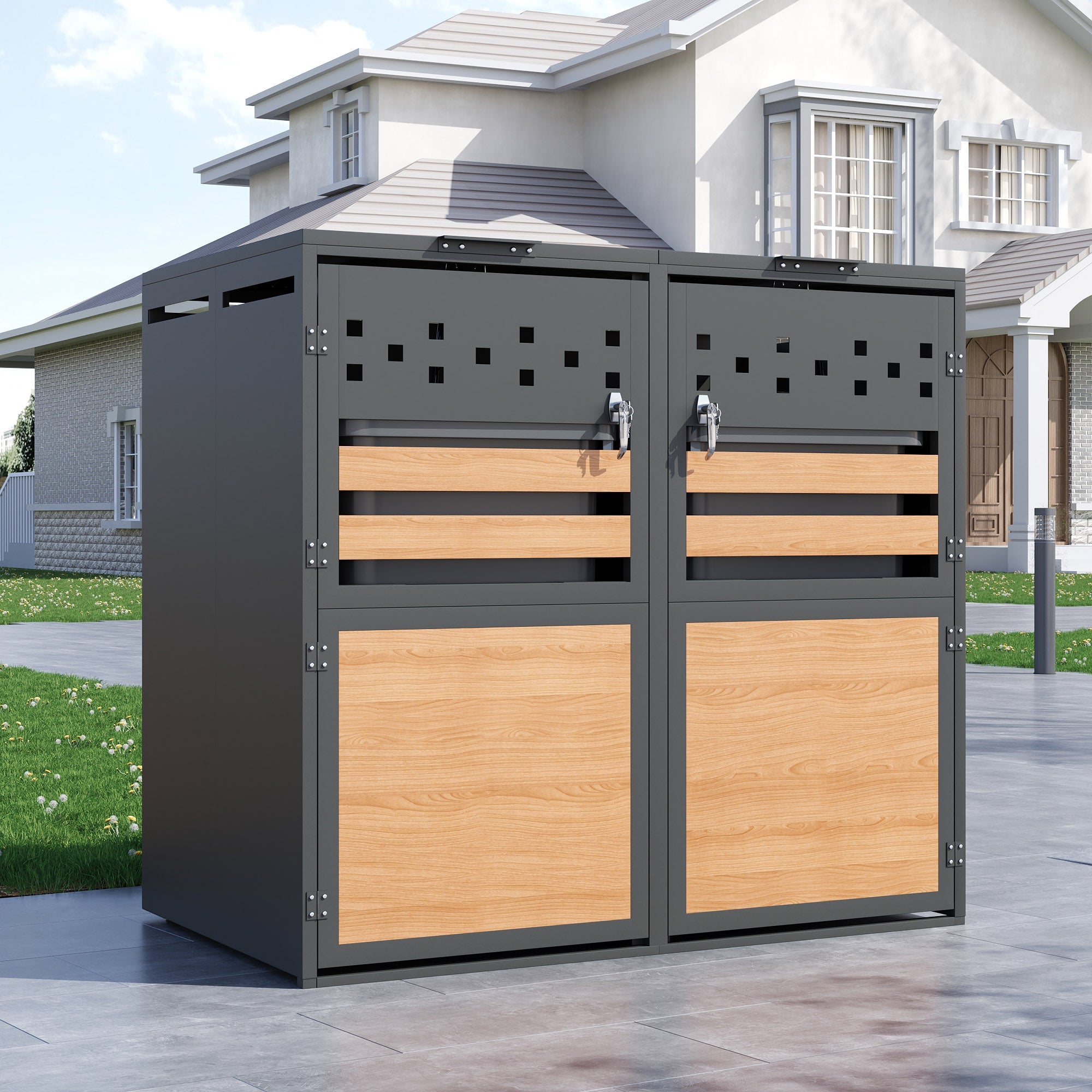 Bin Storage Box with Hinged Lid, Lockable Two Doors and Diamond Cutouts, Wood Grain Panels