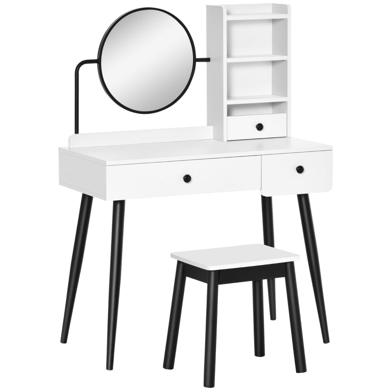 Dressing Table Set with Mirror, Stool, 3 Drawers and Open Shelves, White