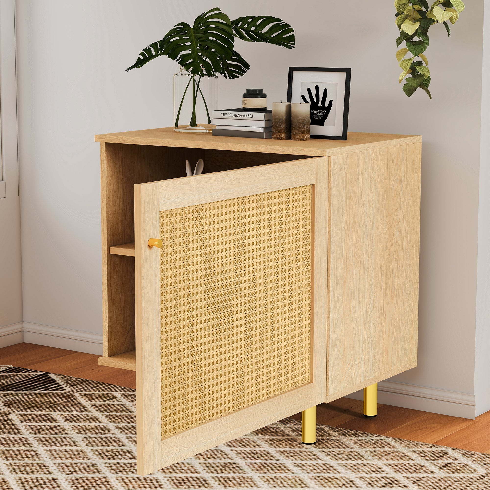 Wicker Nightstand Single Door Rustic Natural Wood Look