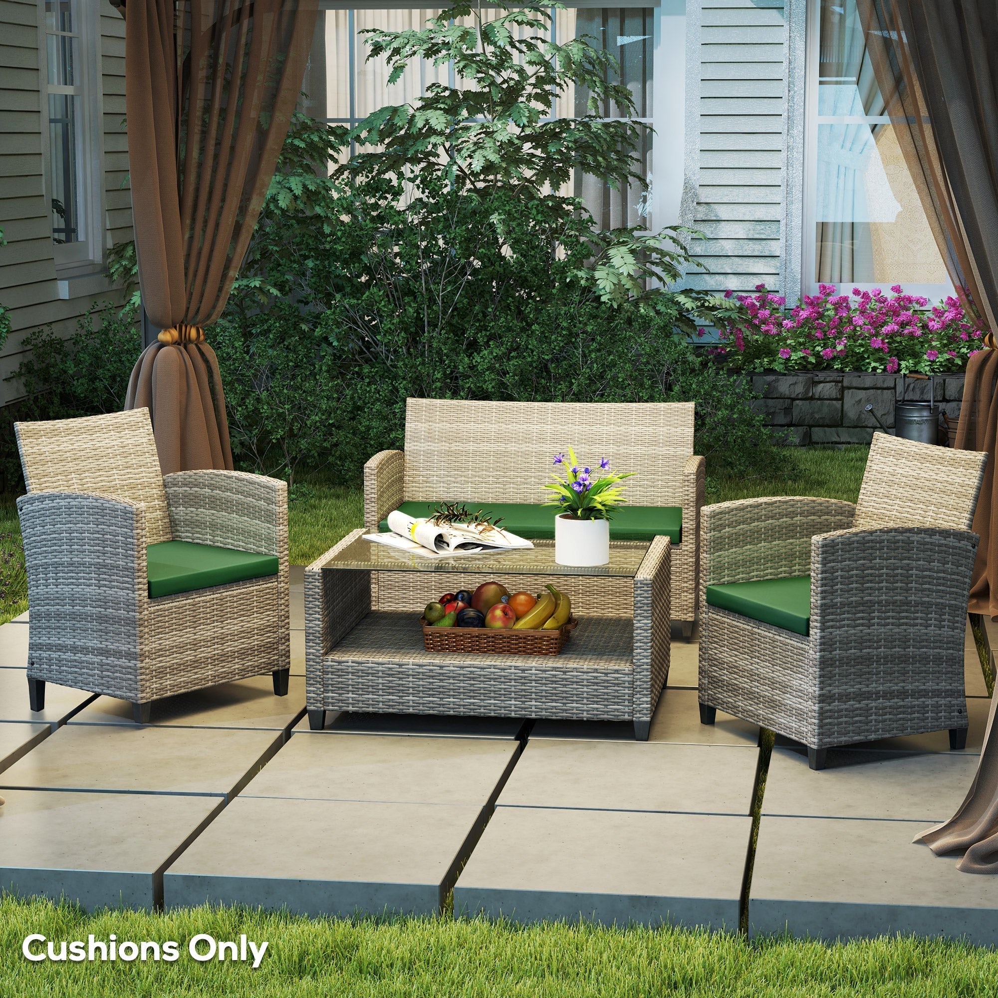 Outdoor-Sitzkissen, 3-teilig, Rattanmöbel, Grün