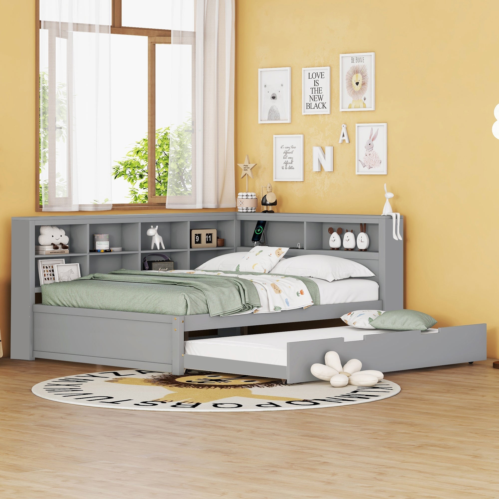 Sofa Bed 140x200 Pull-Out 90x190 with USB & Storage, Solid Wood, Gray