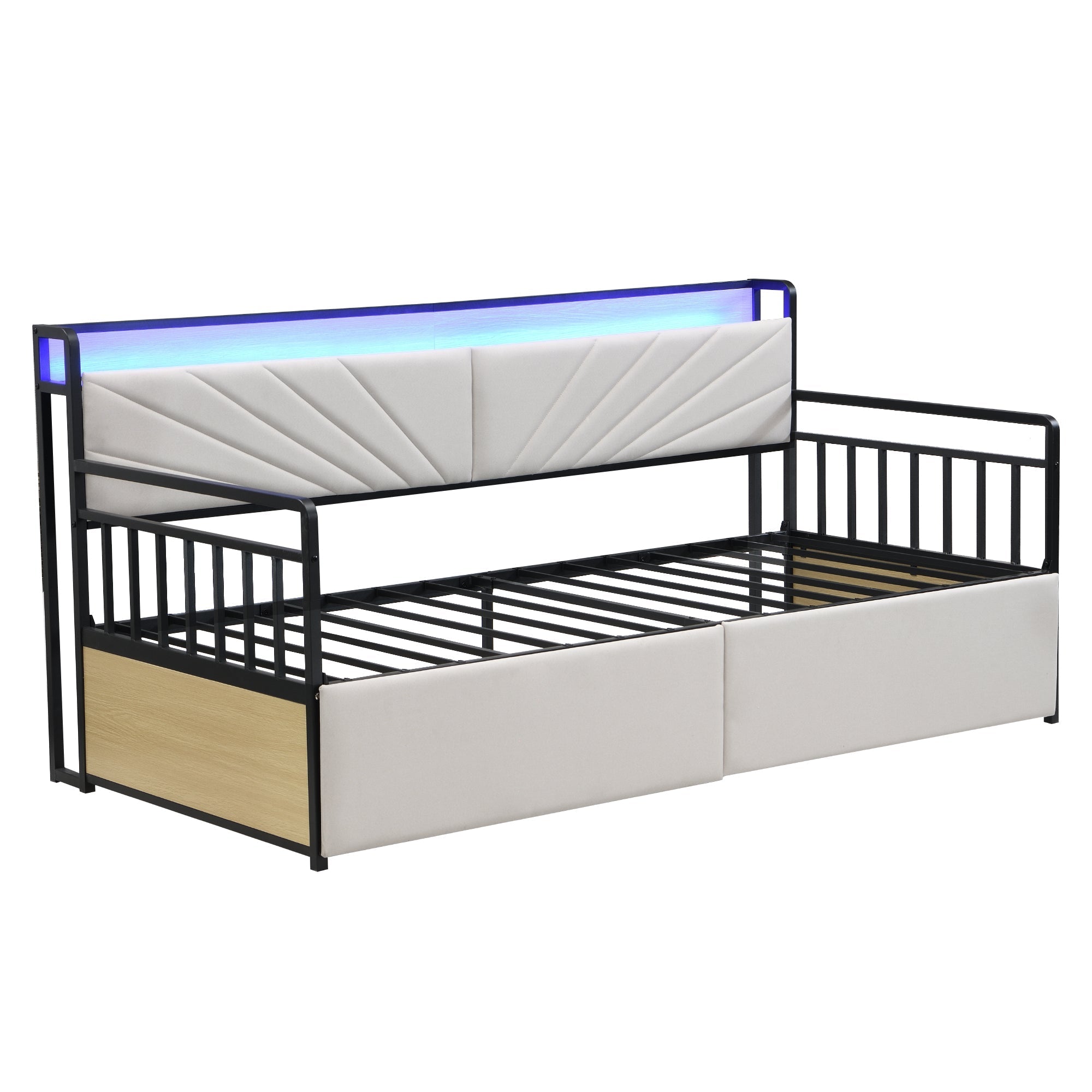 Sofa Bed, 90x200 cm LED, Shelves & Drawers, Beige Iron
