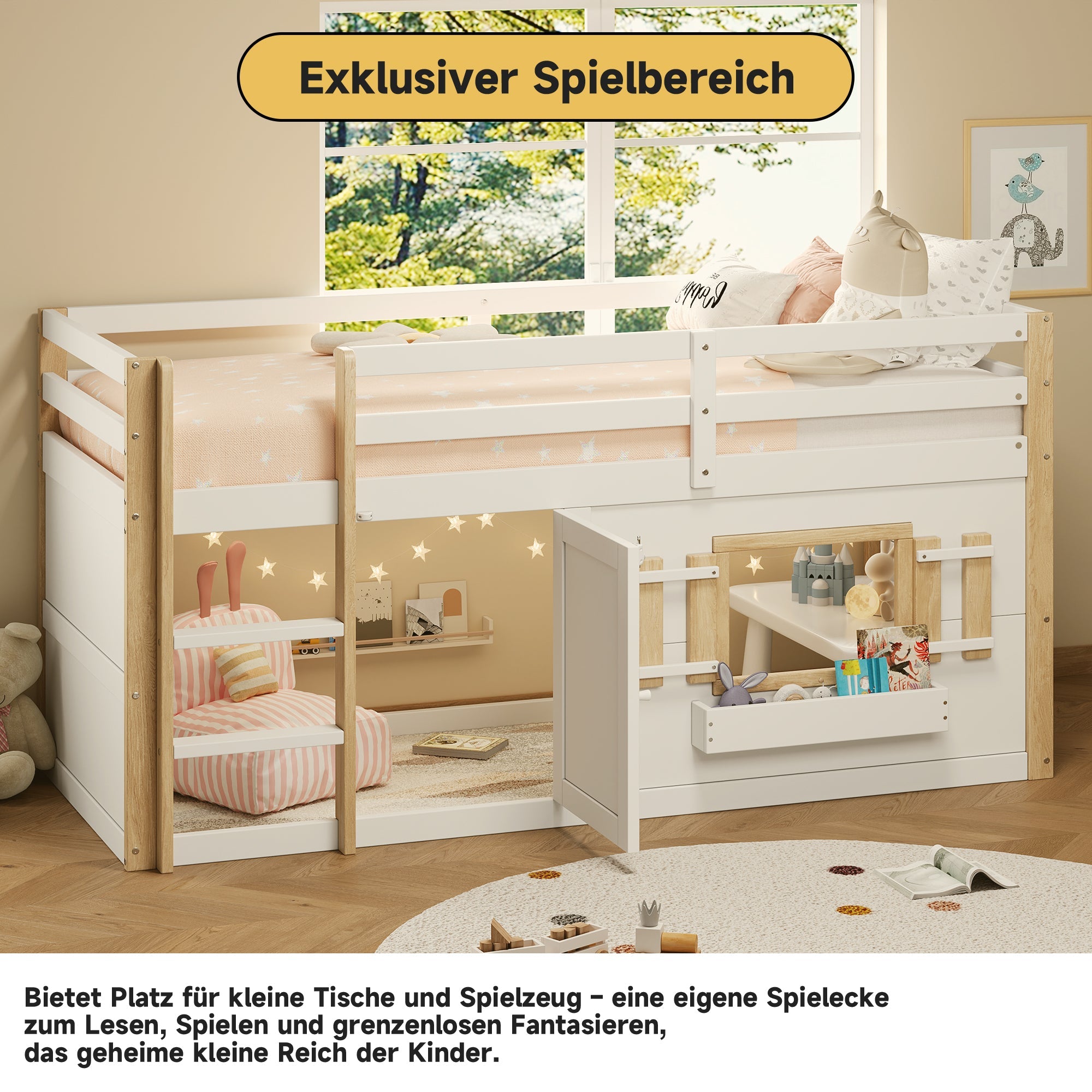 Children's Bunk/Loft Bed Multifunctional with Ladder & Play Area, White
