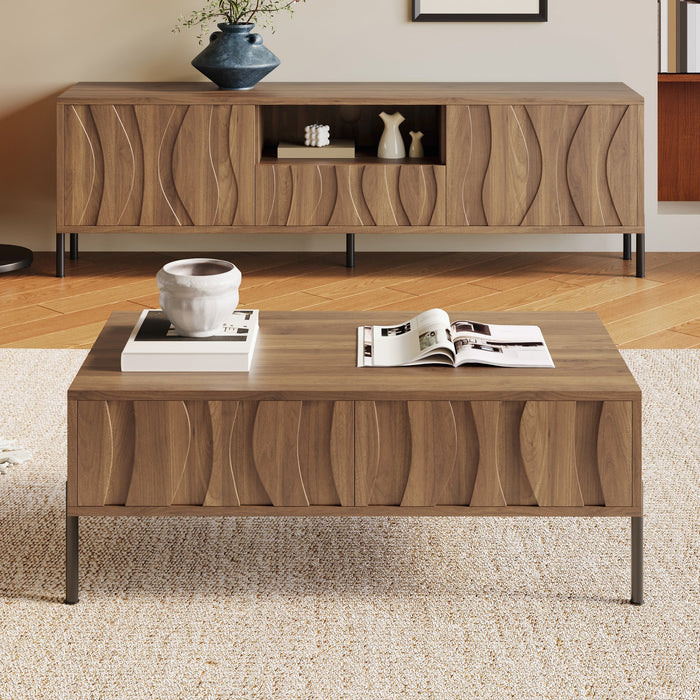 Coffee Table and TV Stand Combination, Wave Pattern Storage Set, Solid Wood