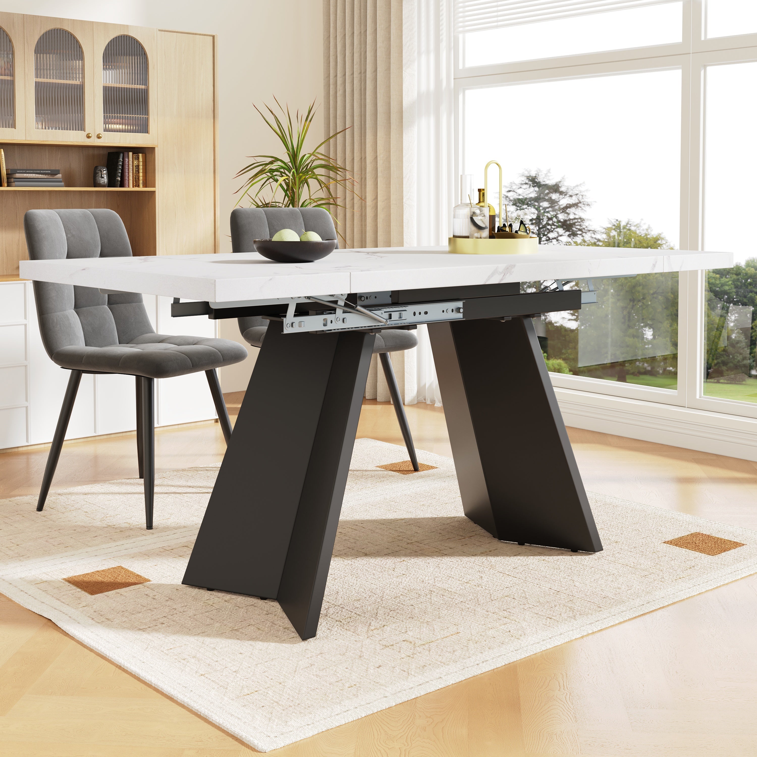 5-Piece Dining Set Extendable Table 160x80cm with 4 Grey Velvet Chairs White