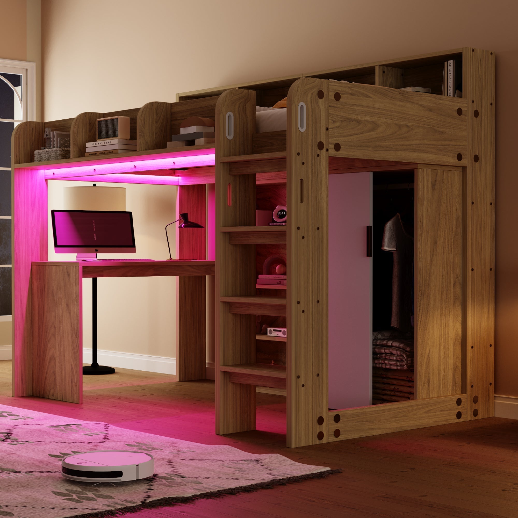 Multifunctional Loft Bed with Desk, Wardrobe, LED Lighting and Power Outlet, Wood Color