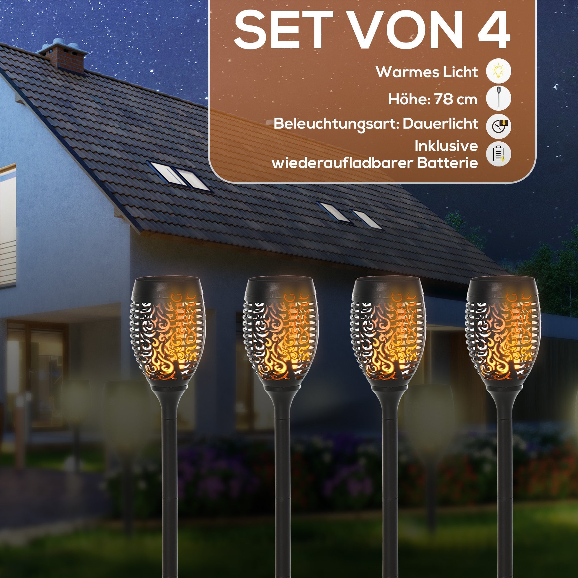 Solar Light Outdoor Set of 4 Garden Lights IP44 Waterproof Warm Light Plastic Black