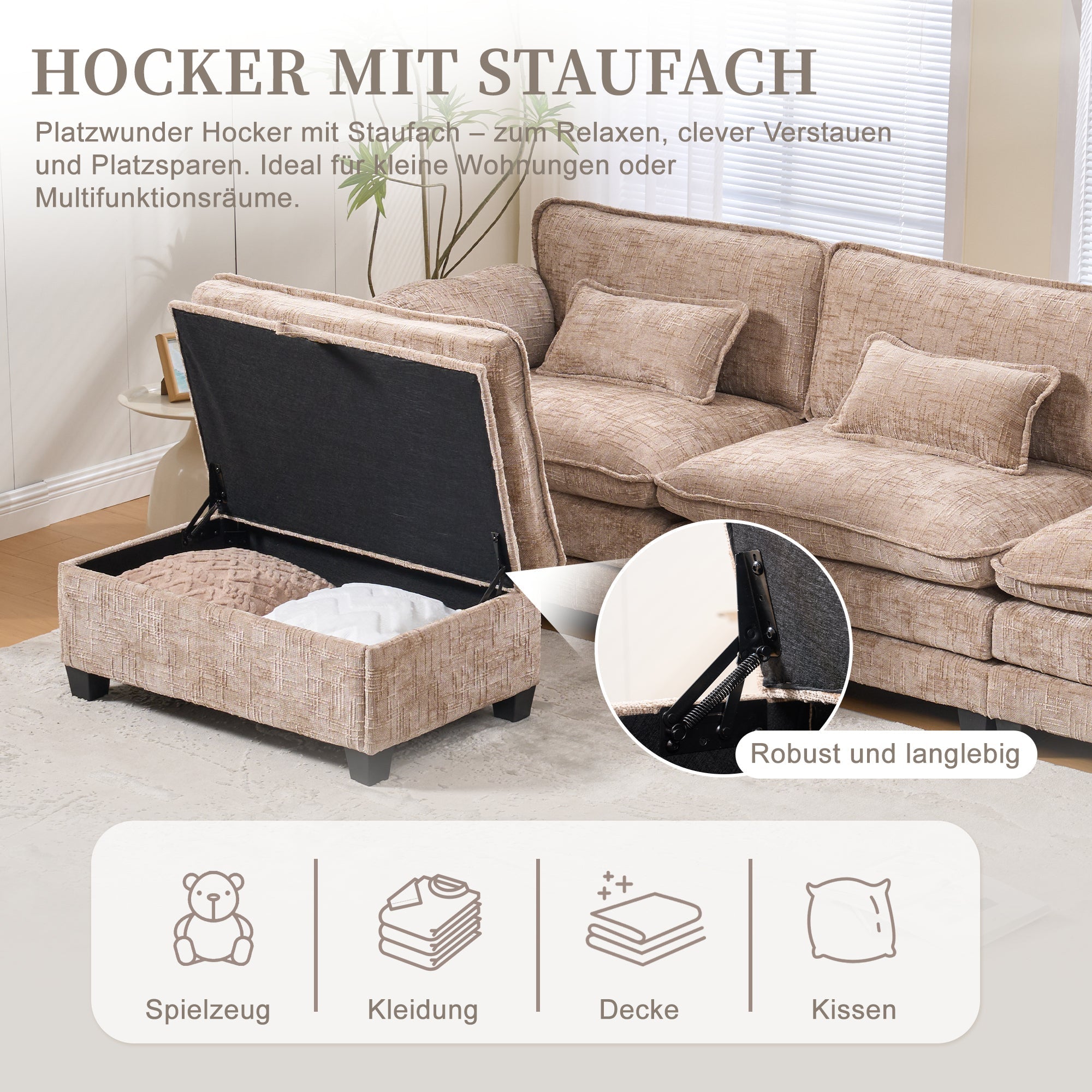Modern 2-seater Sofa USB Storage Modular Footstool - Khaki Chenille