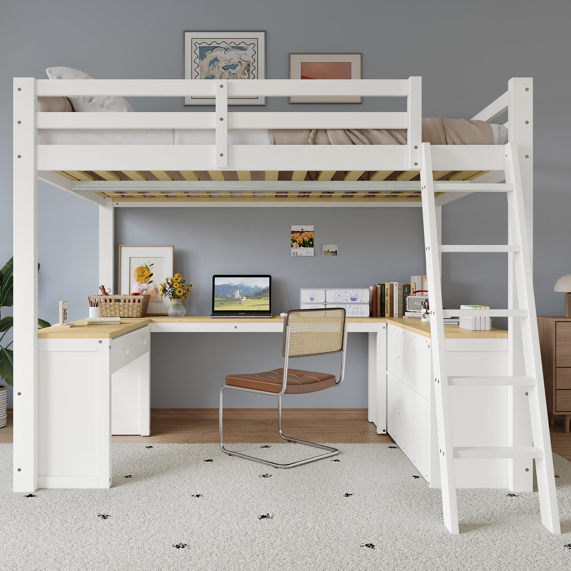 Loft Bed with U-Shaped Desk, 2 Drawers, Storage Shelf, 140x200cm, White + Natural Wood