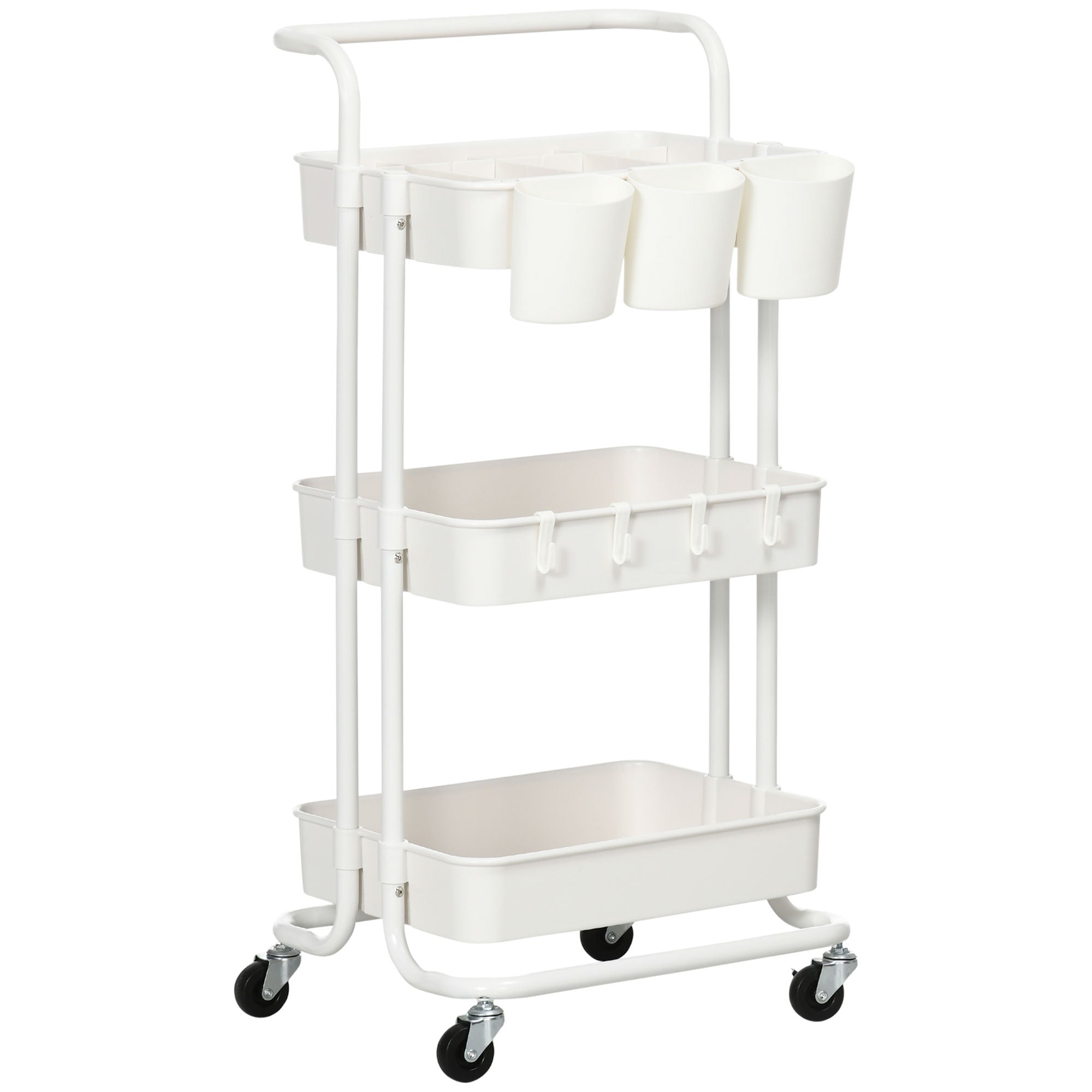 Serving Cart, 3-Tier Storage with Hooks, Steel White