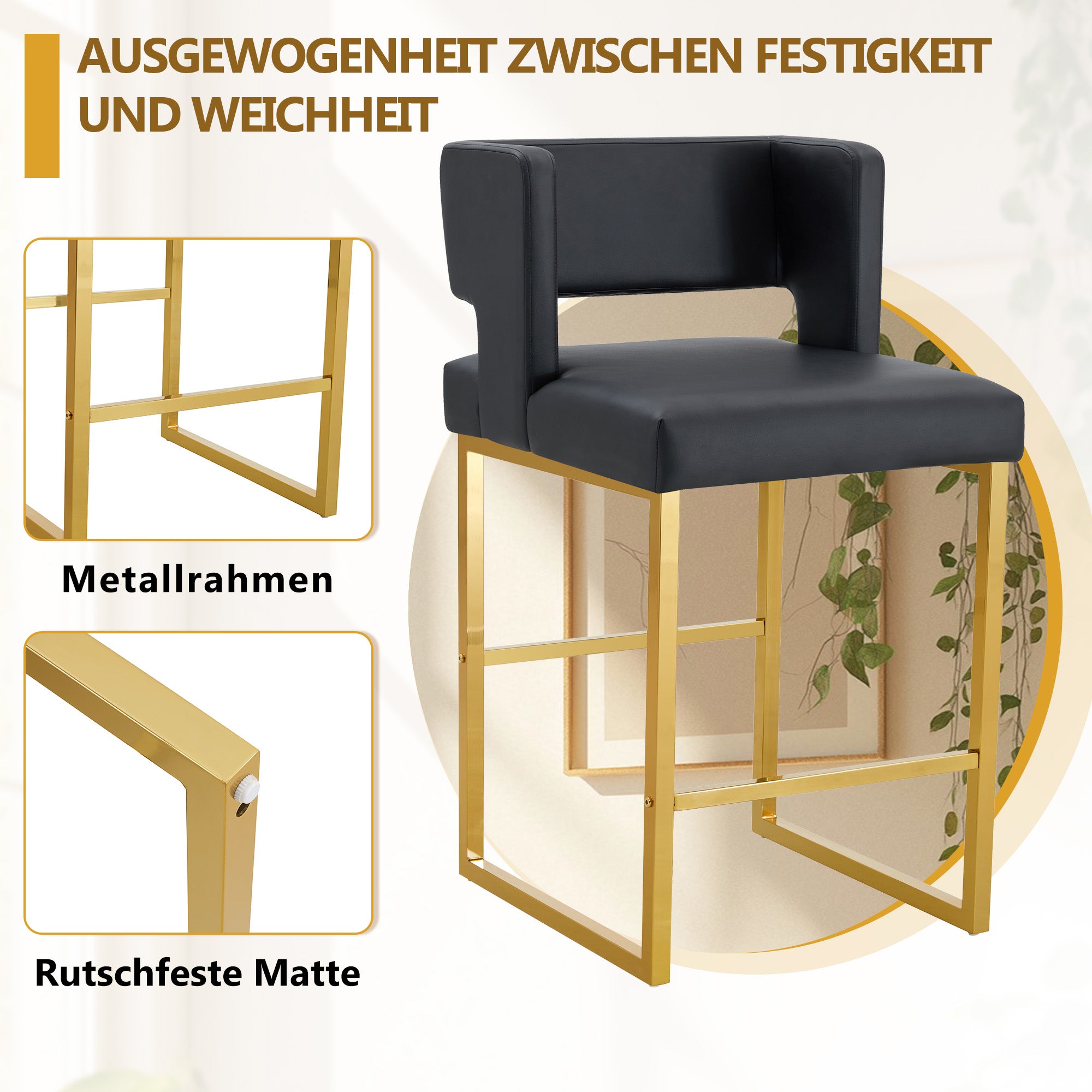 Bar Stools Set of 2 Nordic Square Gold Metal Legs - Black