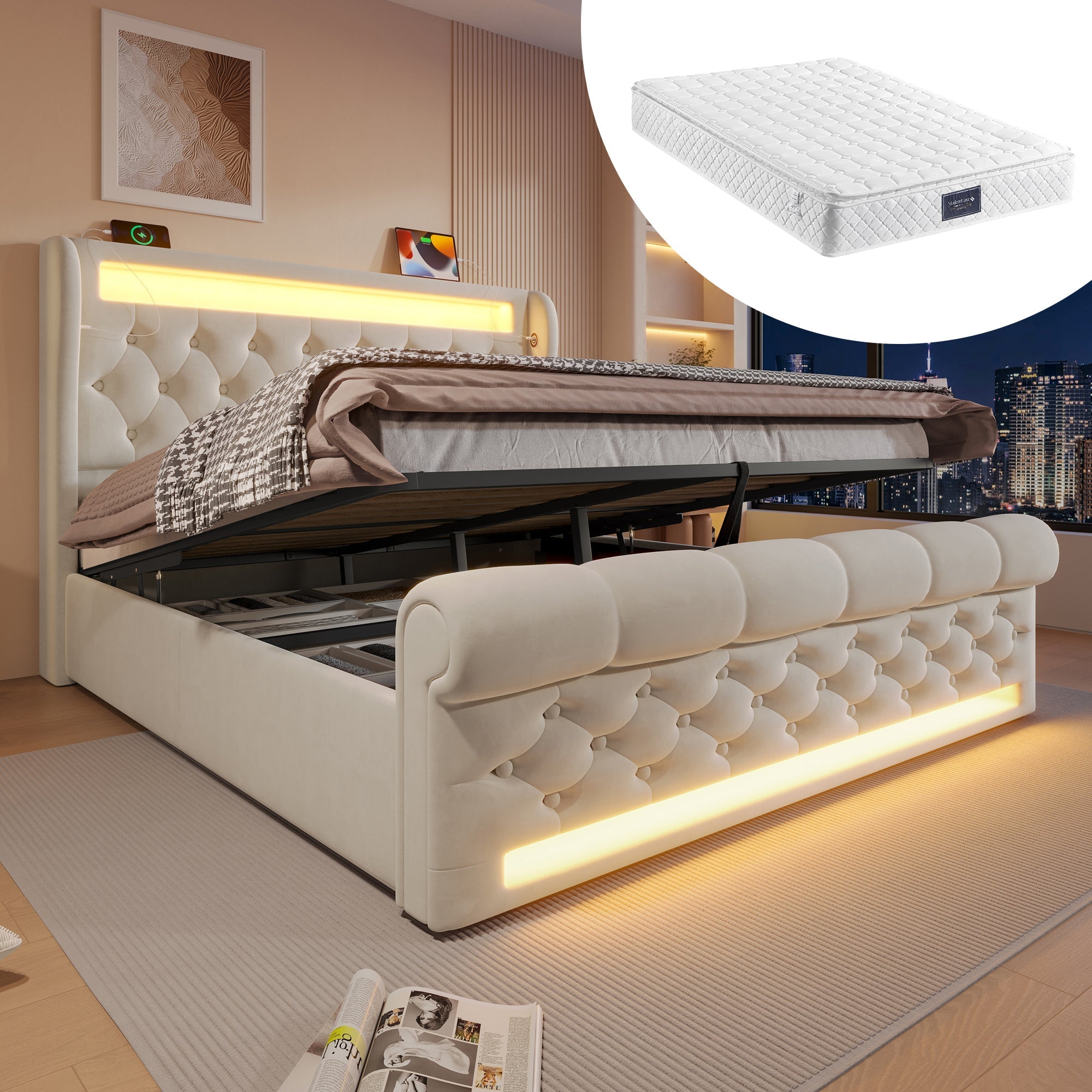 Upholstered Double Bed, 140x200cm LED with Storage Headboard USB/Type-C, Hydraulic Lift, Beige Velvet