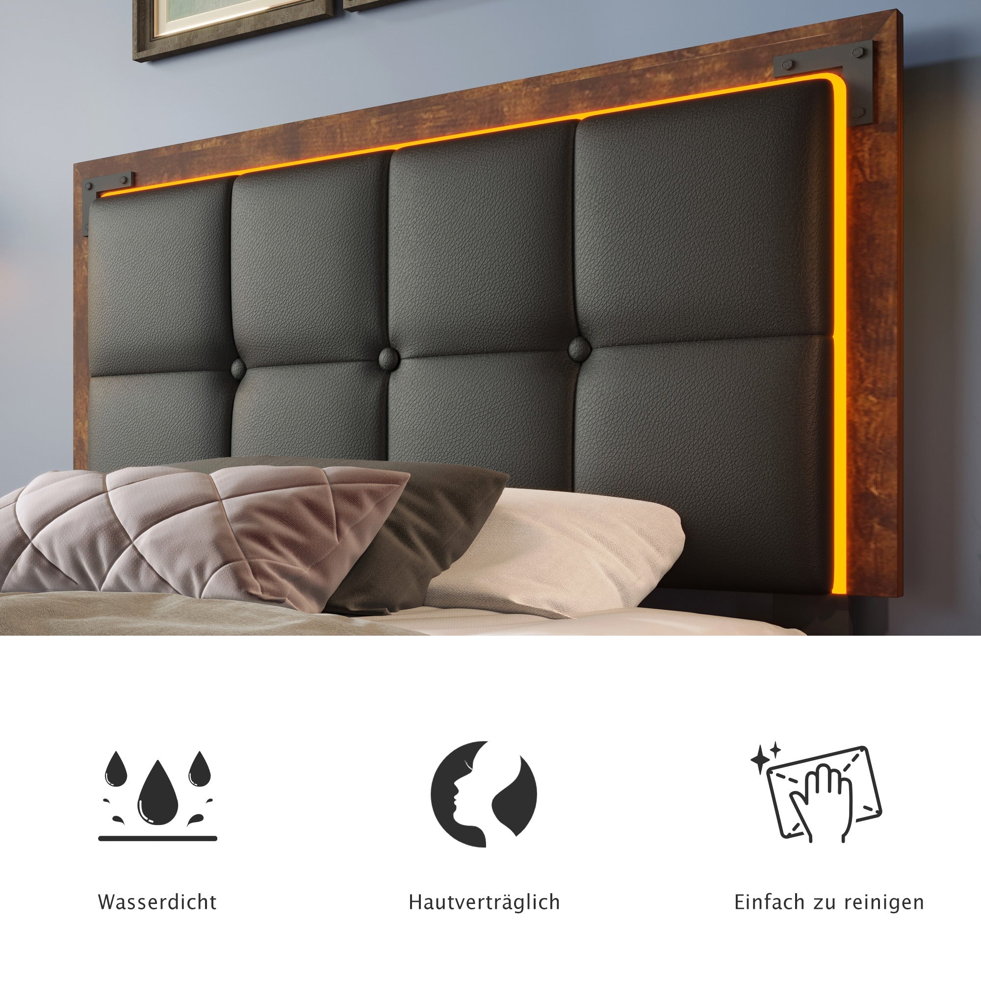 Bed Frame, LED, 4 Drawers, Adjustable Headboard, Black PU