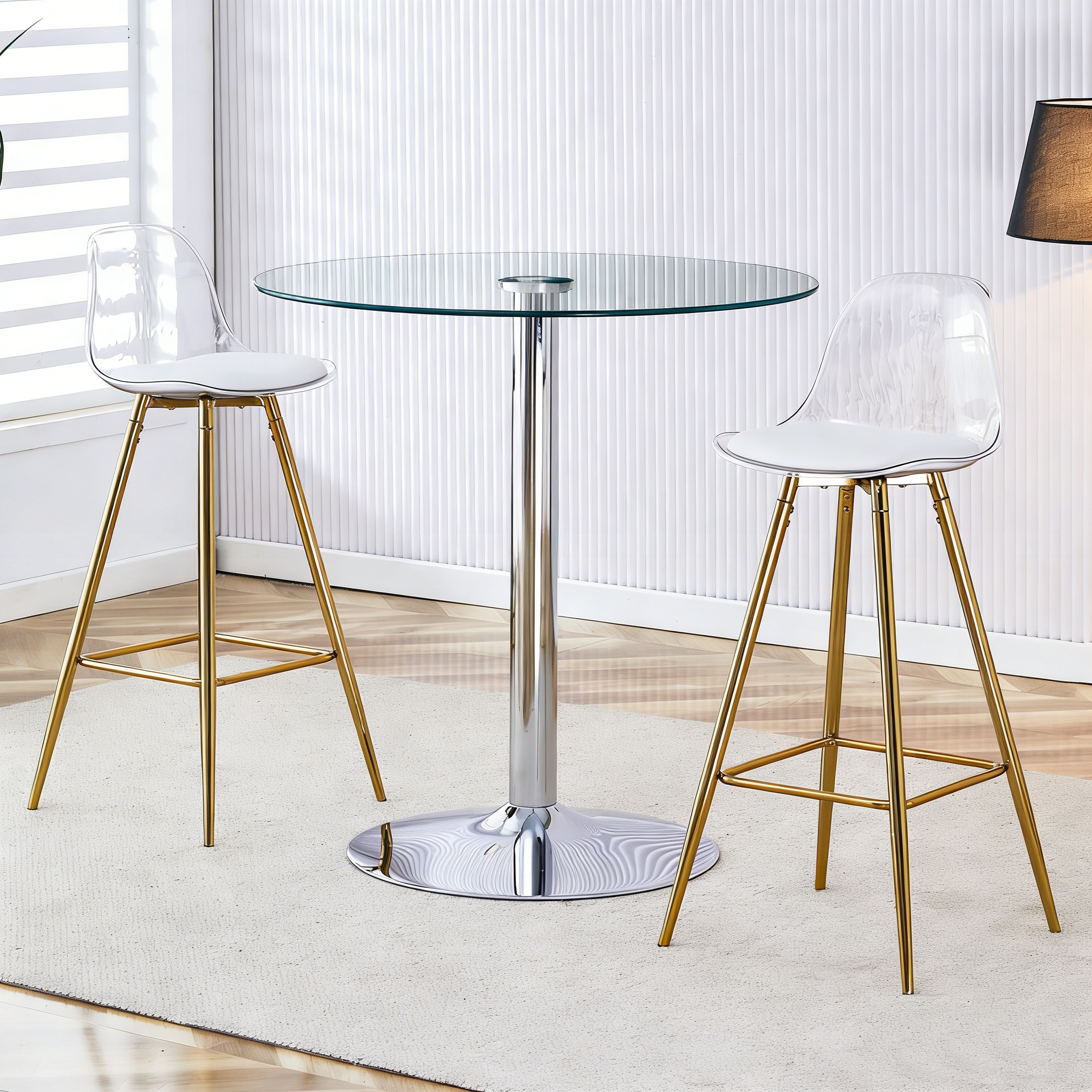 Bar Set Round Glass Table 89cm & 2 Stools Gold Legs