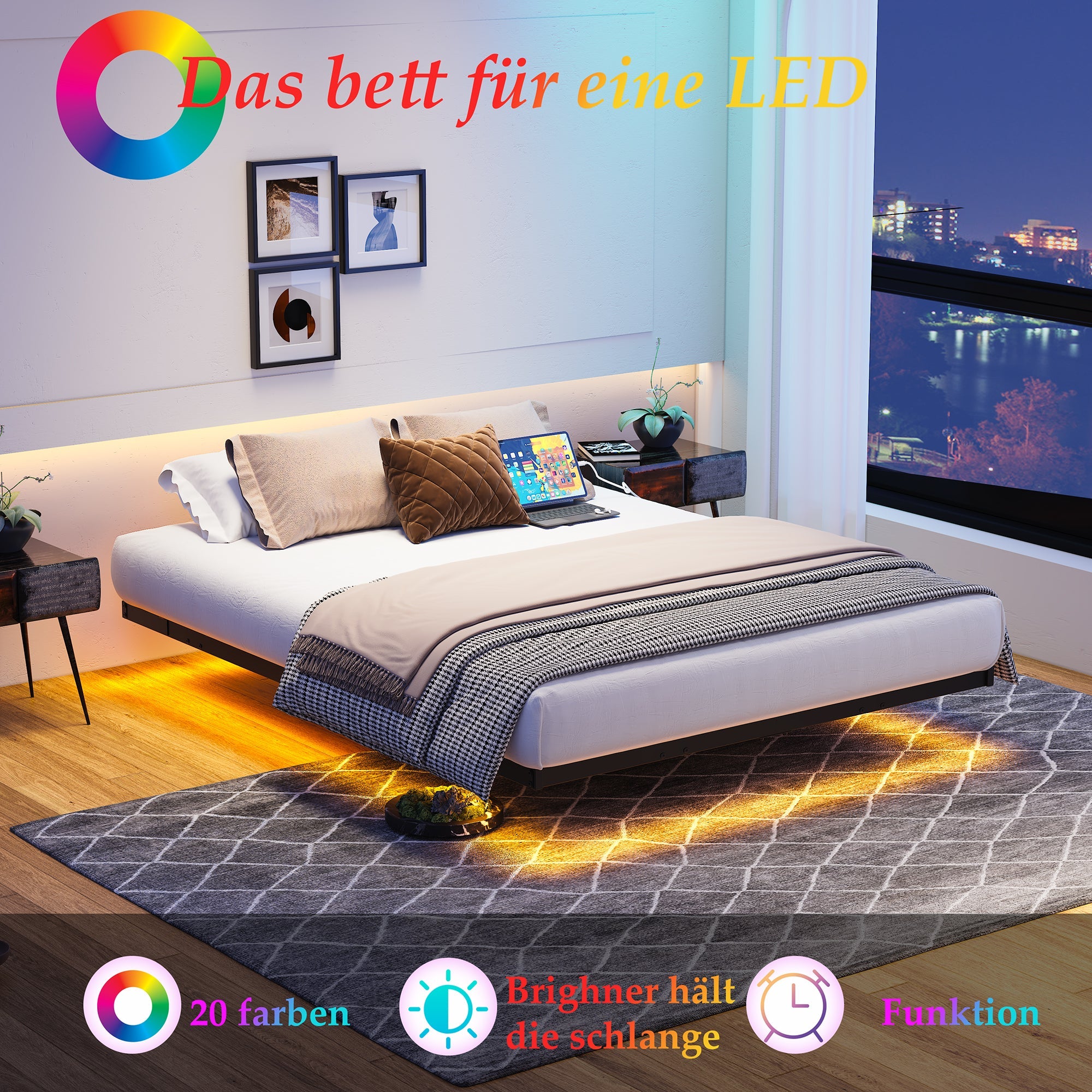 Floating Bed Frame 120x200cm LED Charging Station Metal - Black