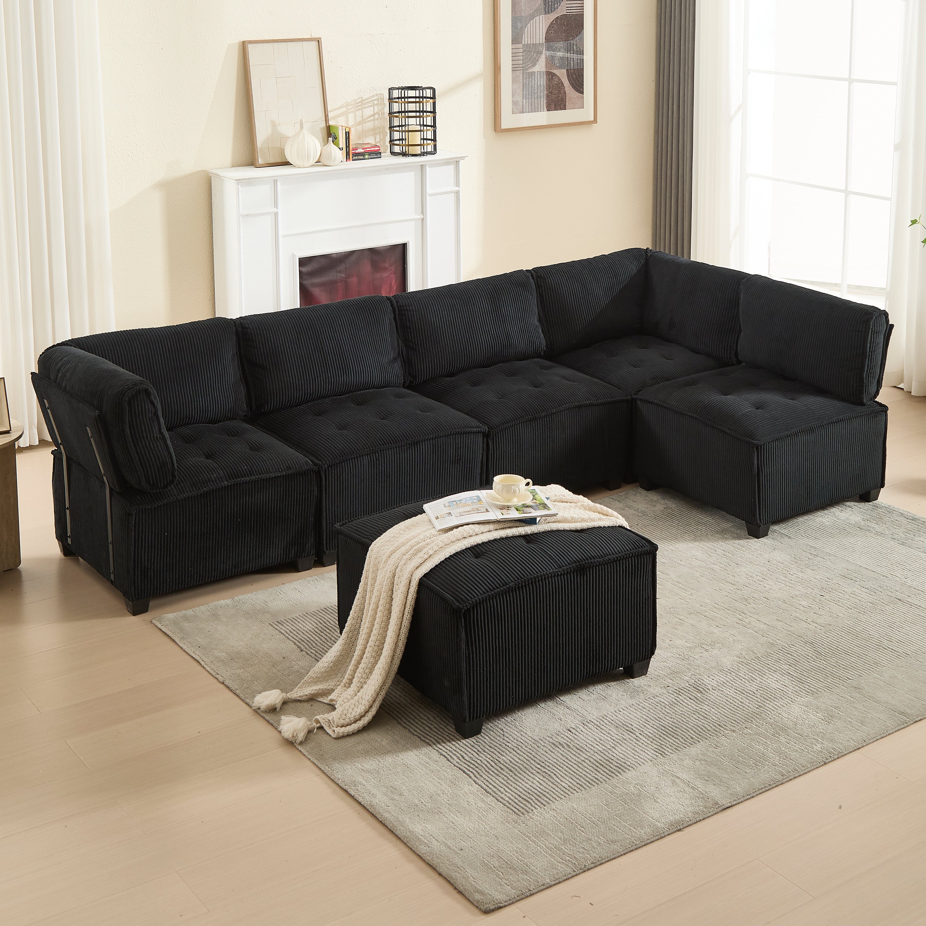 Modular Sofa 6-Seater 308cm, Ergonomic Storage Pockets, Corduroy Black