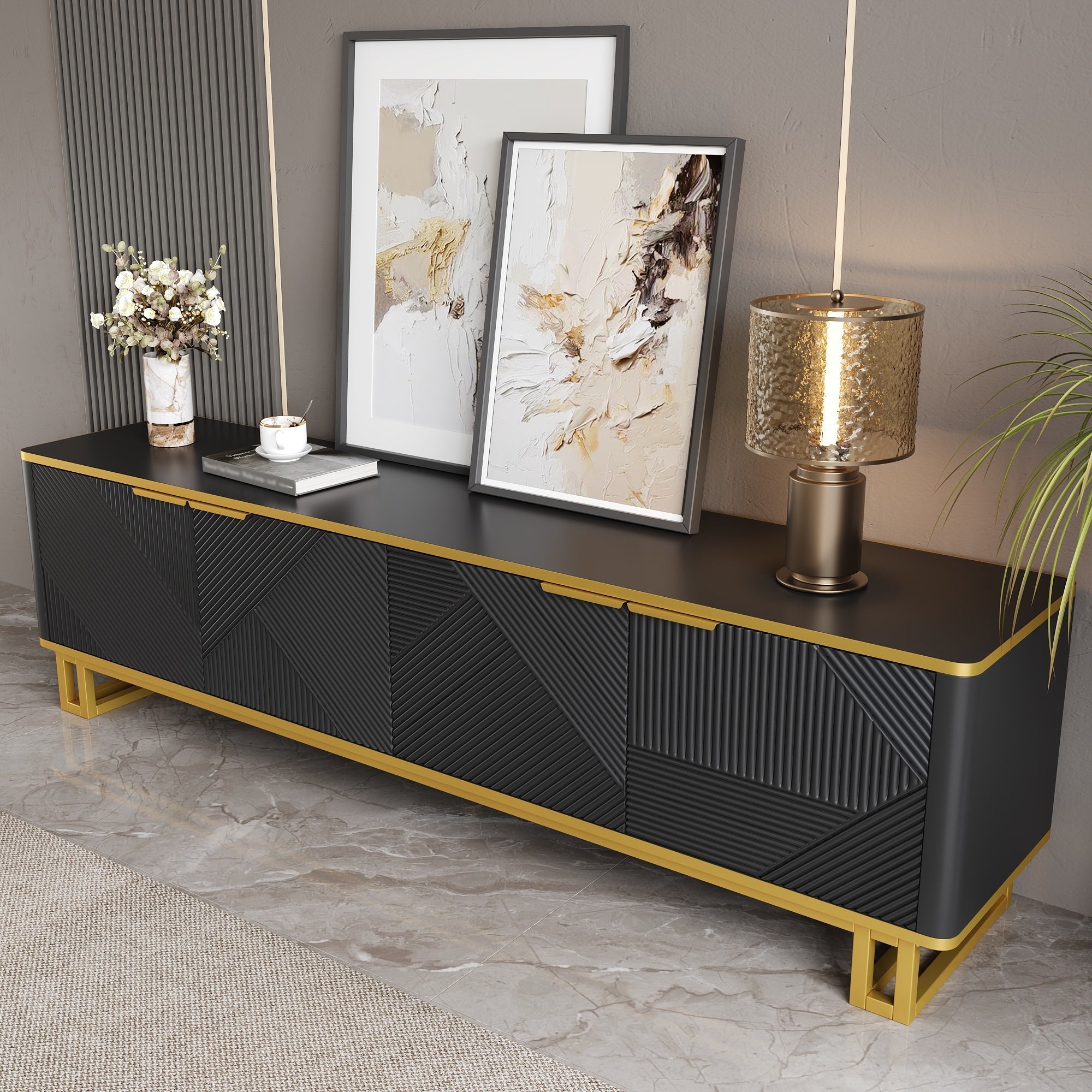 Low TV Stand 4 Doors Geometric Texture 160cm