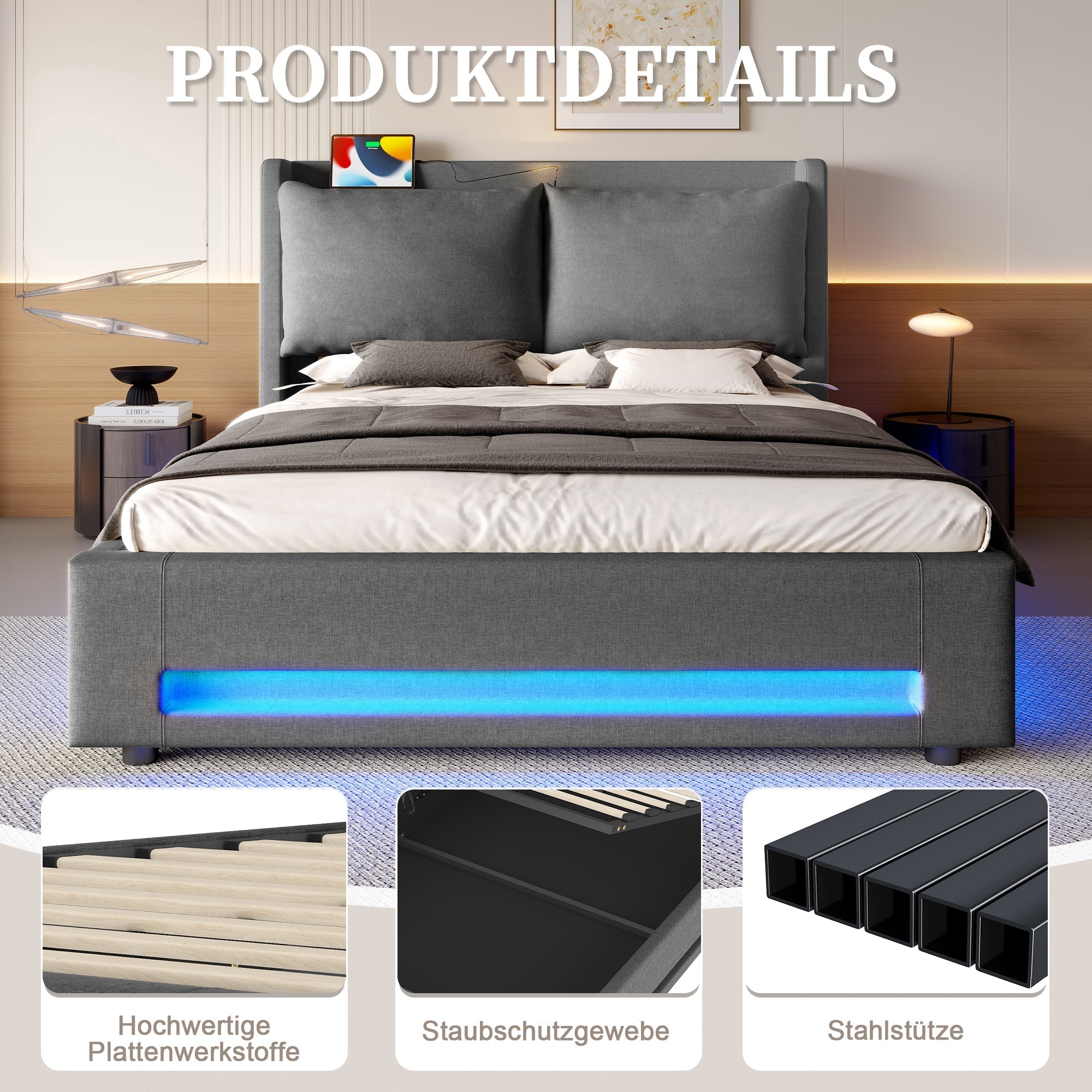 Upholstered Bed 140x190cm Storage LED USB-C Stylish Headboard - Modern