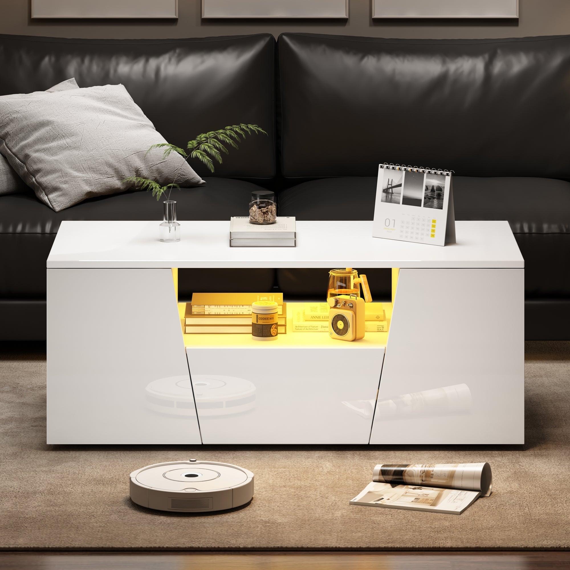 Coffee Table, Sofa Table with LED Light, 2 Cabinets, 1 Drawer, Irregular Design, White