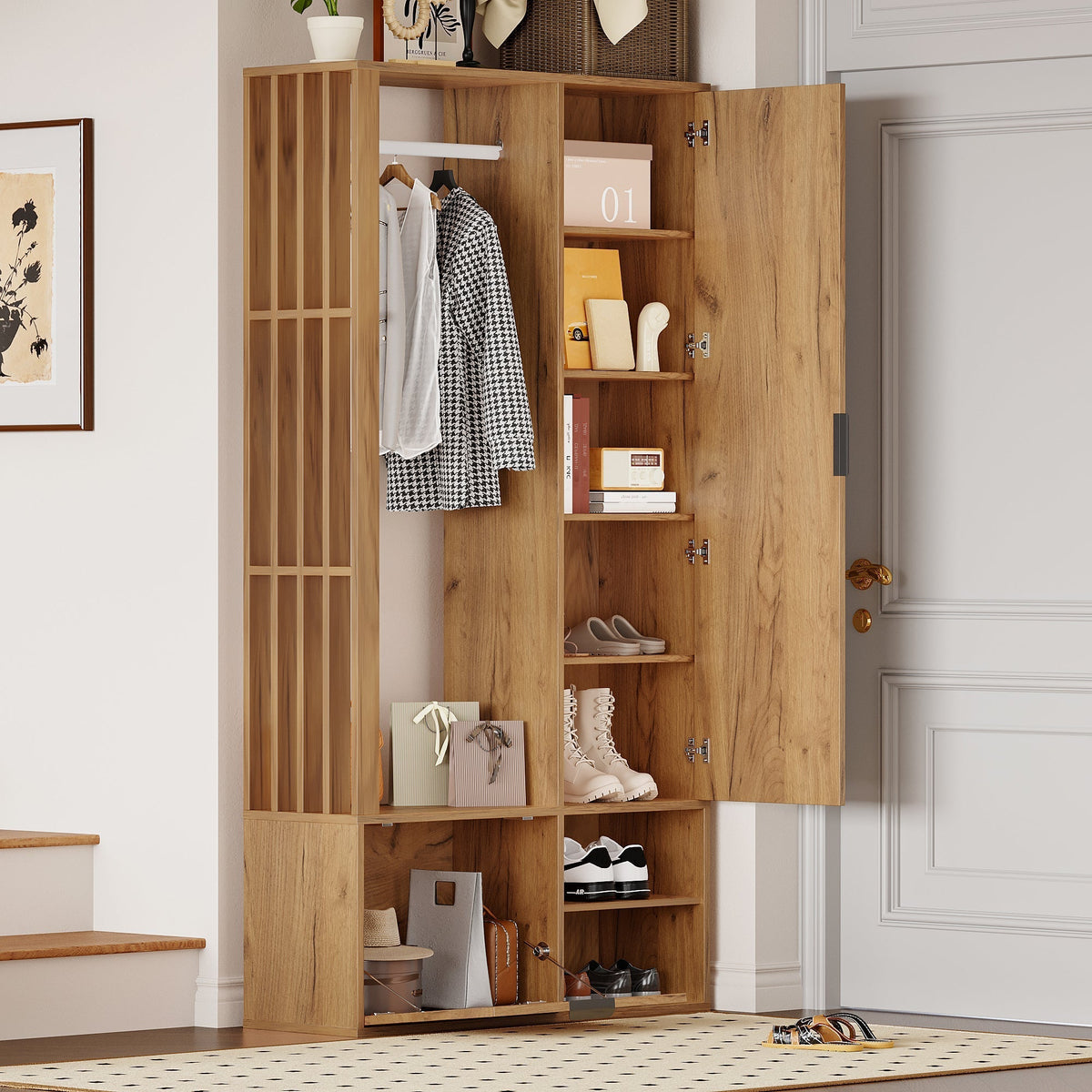 Wardrobe with Hallway, 6-in-1 Entryway 100x33x190cm Clothes Rack Mirror, Wood Color