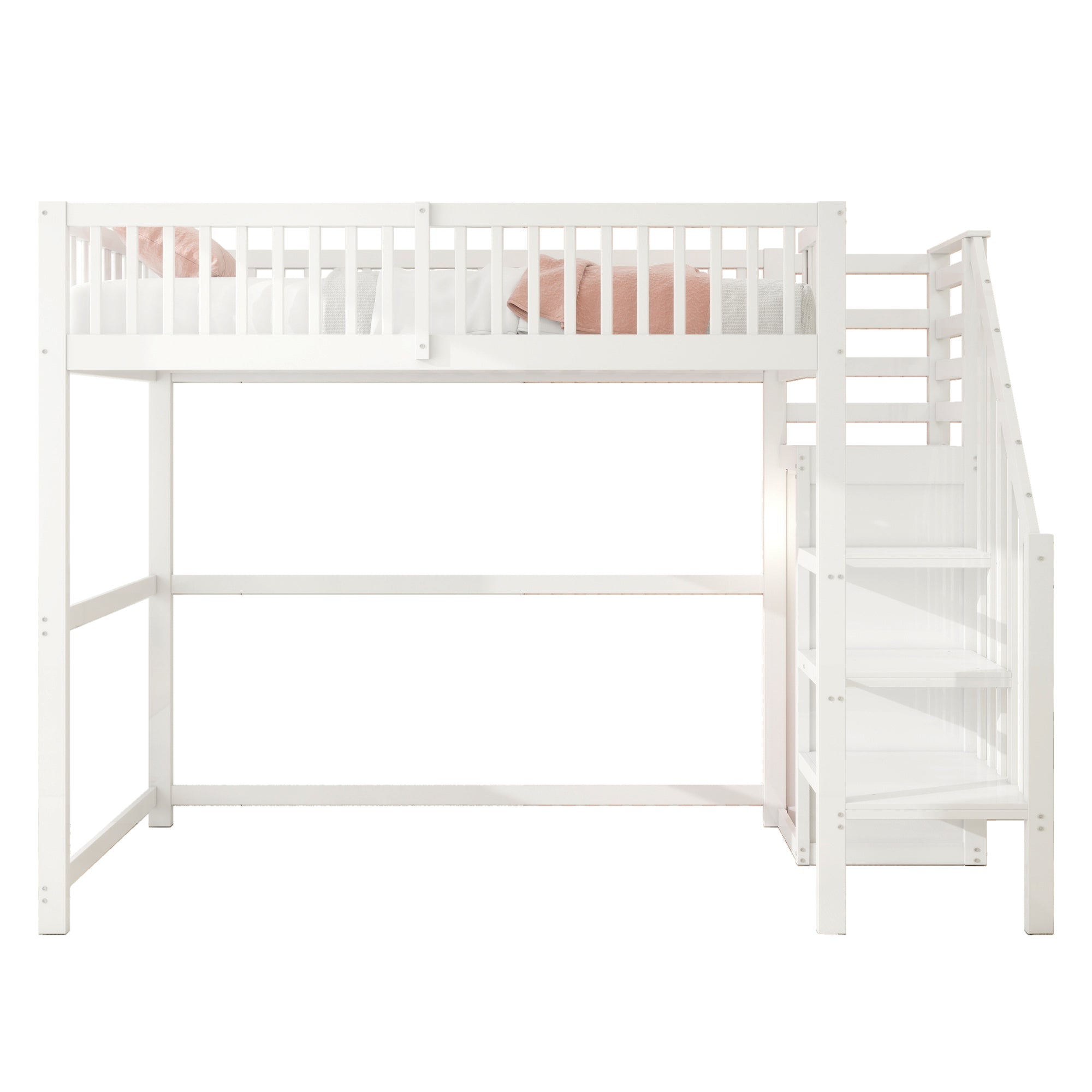 Loft Bed 90x200 with Stairs Storage Shelf Wardrobe, White Wooden