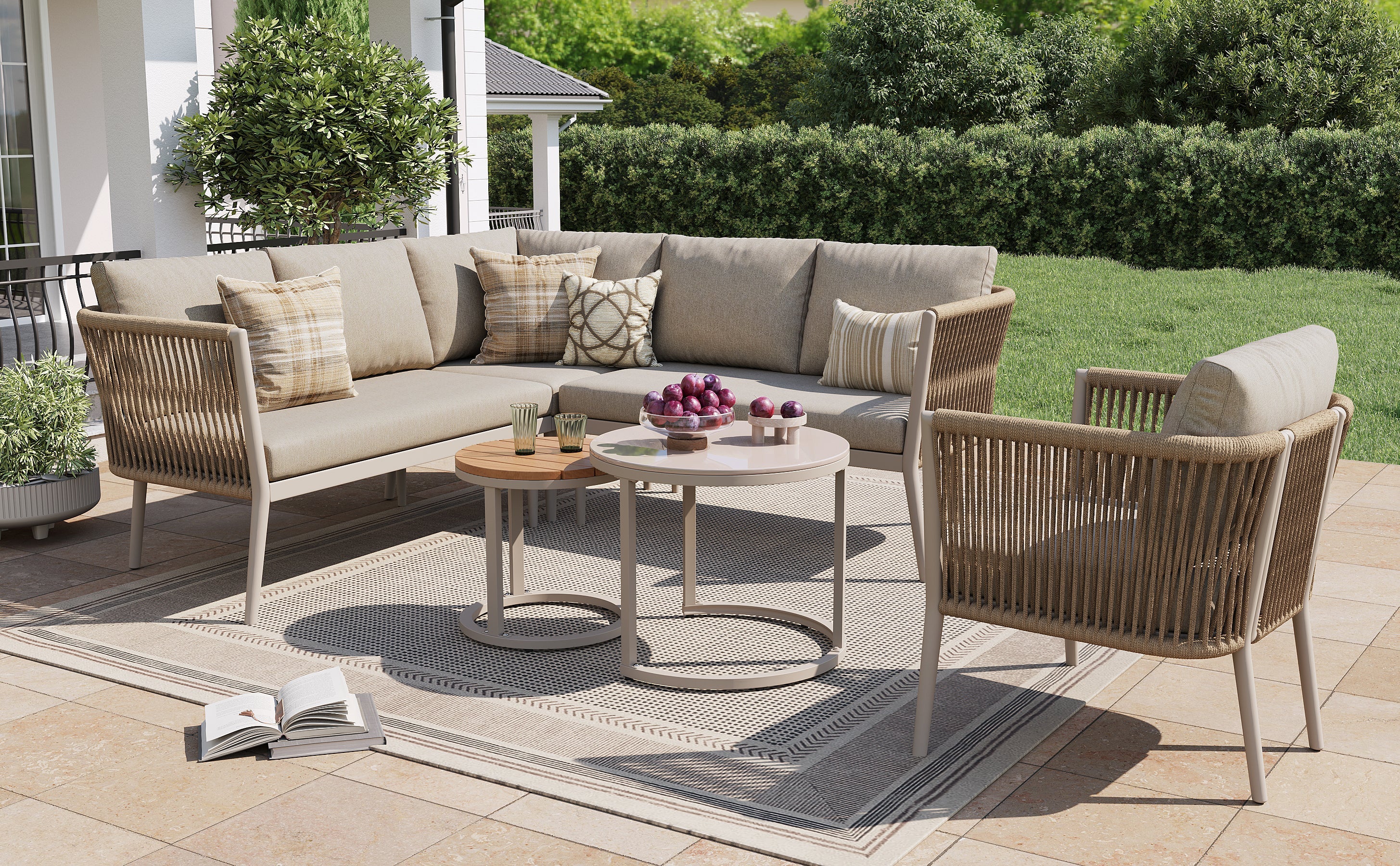 Garden Lounge Set for 5-6 People, 6-Piece Modular Corner Outdoor Sofa with Waterproof Cushions, PE Rattan Beige