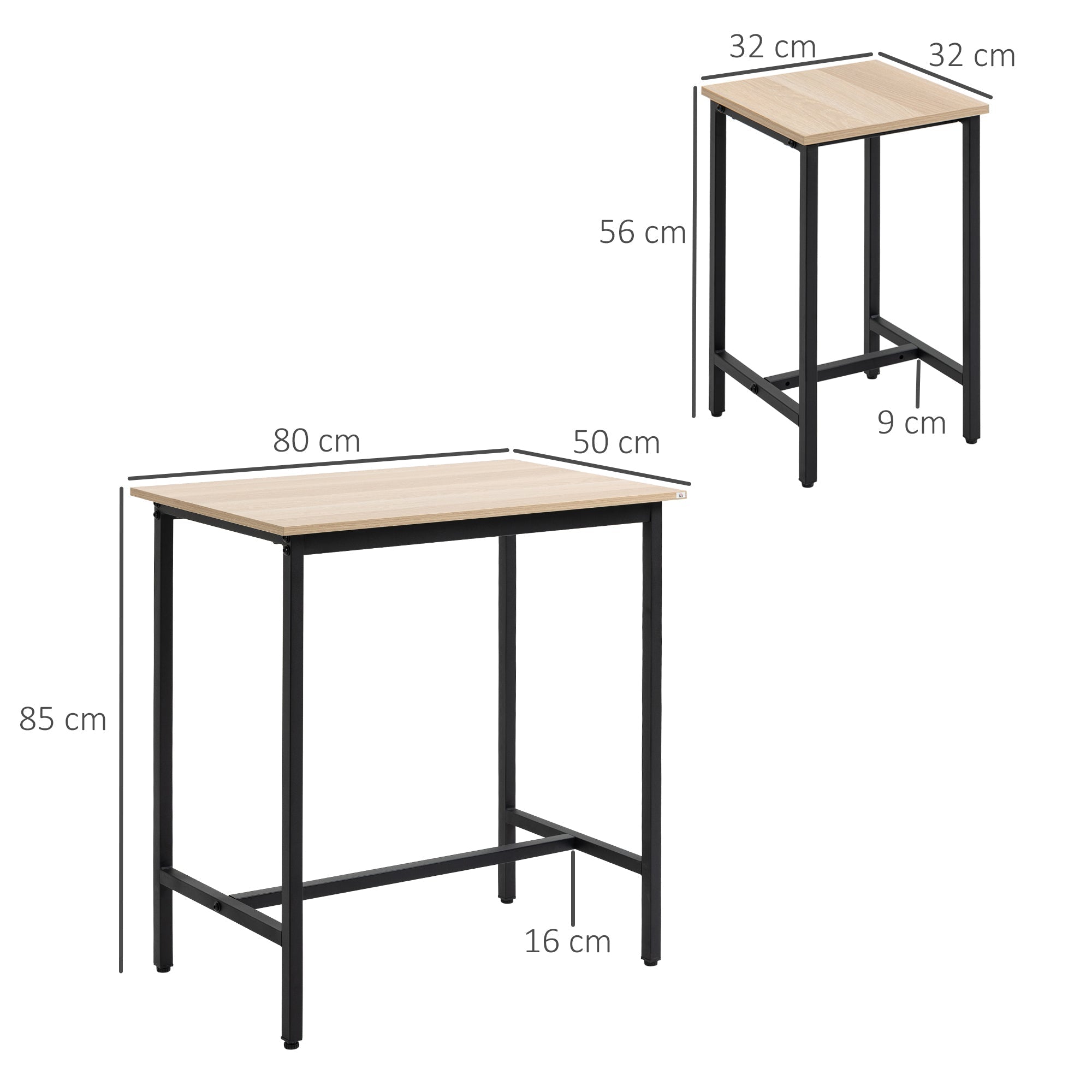 3-Piece Dining Set, Balcony & Garden, Natural Wood Look & Black