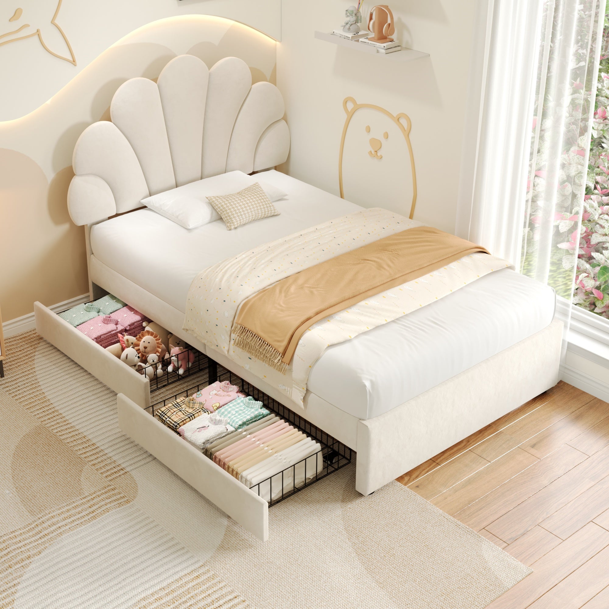 3ft Single Upholstered Bed with Adjustable Chic Petal Headboard and 2 Storage Drawers, Beige Velvet