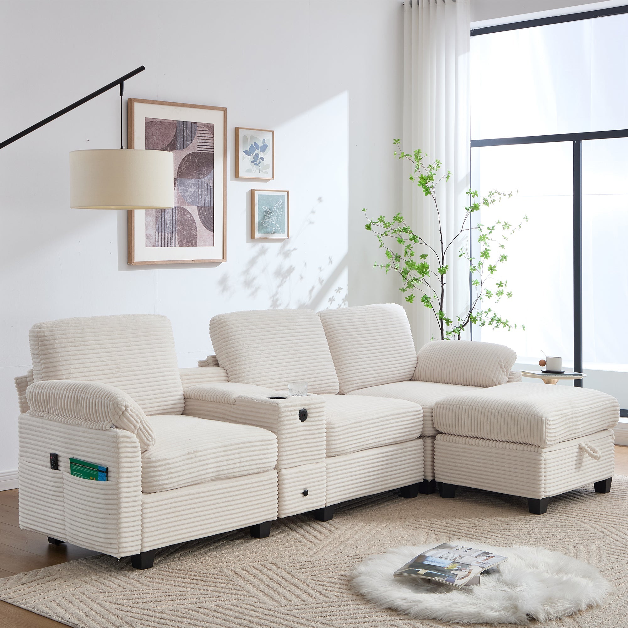 Sofa with Console, USB-C Port, Drawer & Movable Ottoman - Corduroy