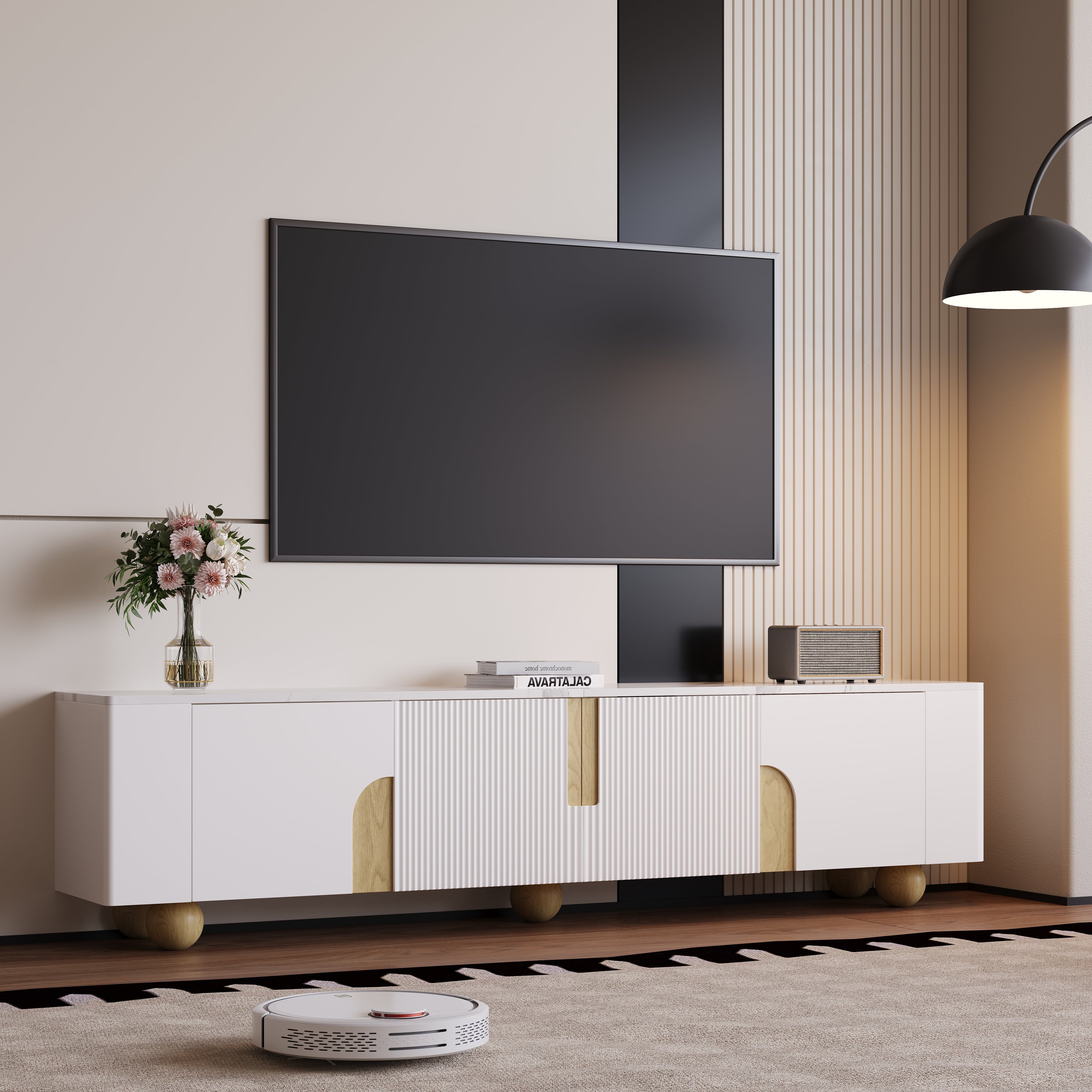 TV Cabinet 180cm 4 Doors Marble-Effect Spherical Feet, White
