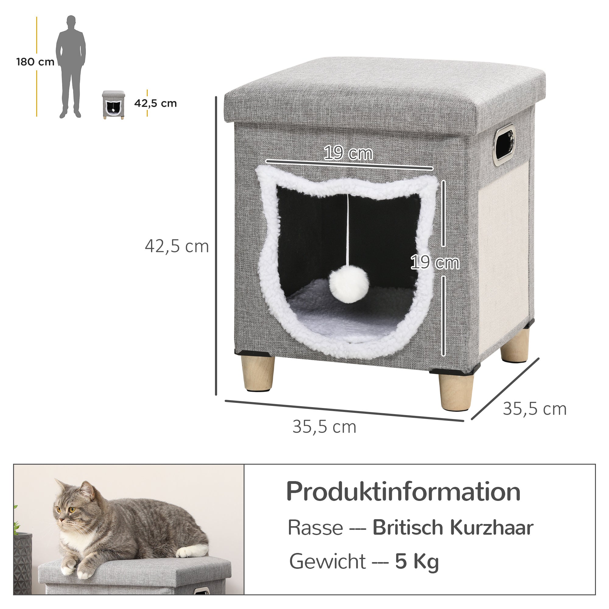 Cat Cave Ottoman, Cushion, Scratching Mat, Grey Polyester