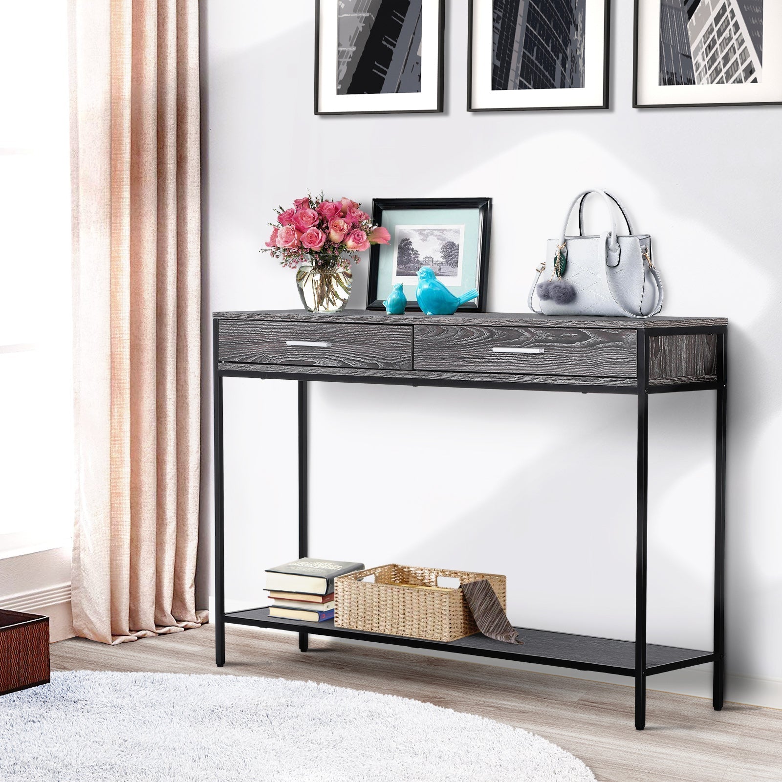Console Table with 2 Drawers, Lower Shelf, Steel Grey