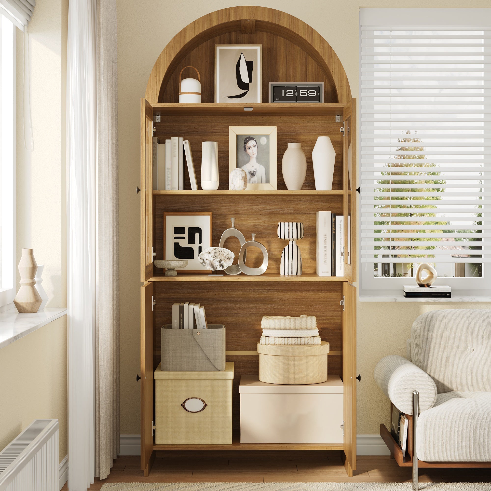 Sideboard with Arched Top, Glass Doors and Wave Pattern Storage Cabinet, Wood