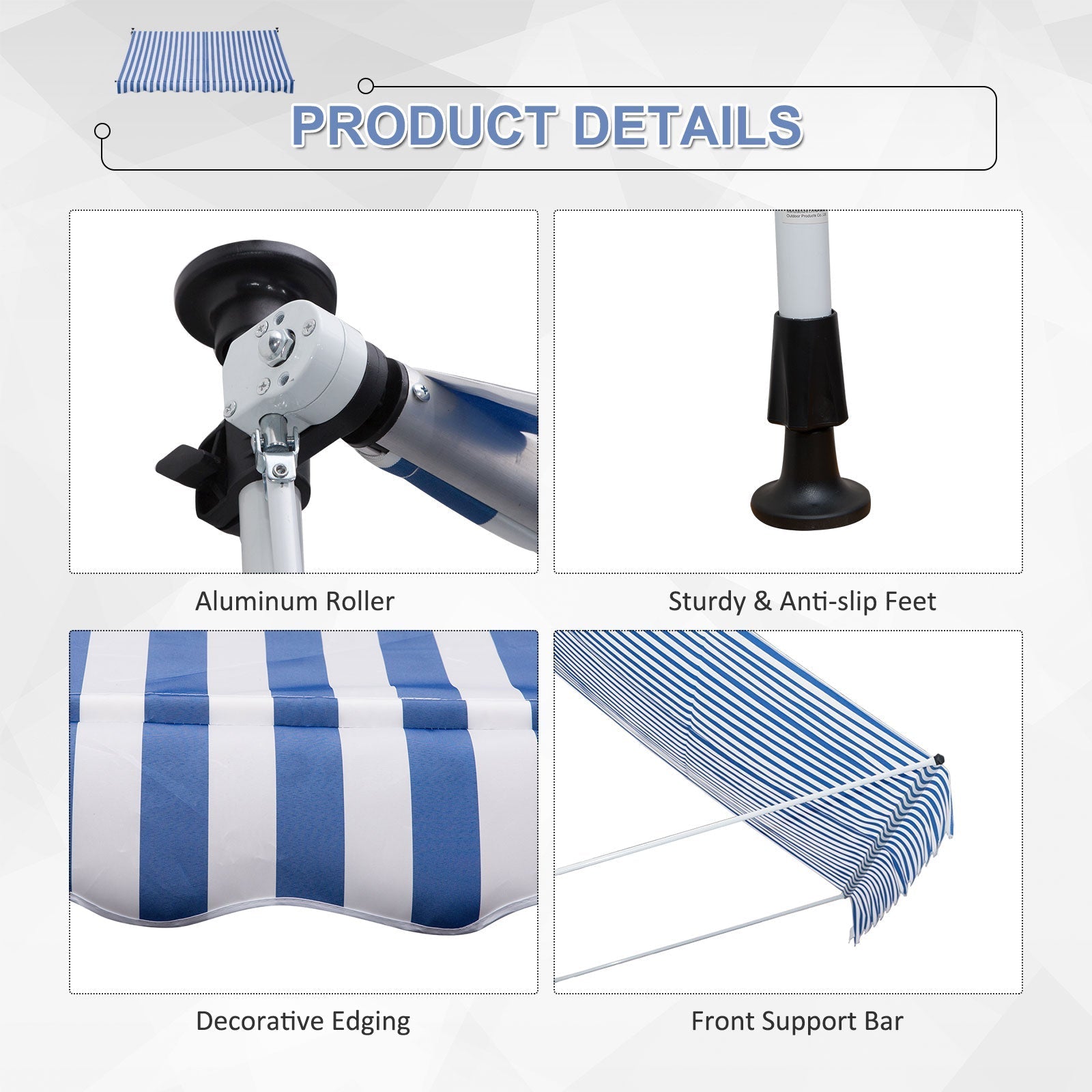 Awning Hand Crank Height Adjustable Dirt-Repellent Aluminum Polyester Blue/White