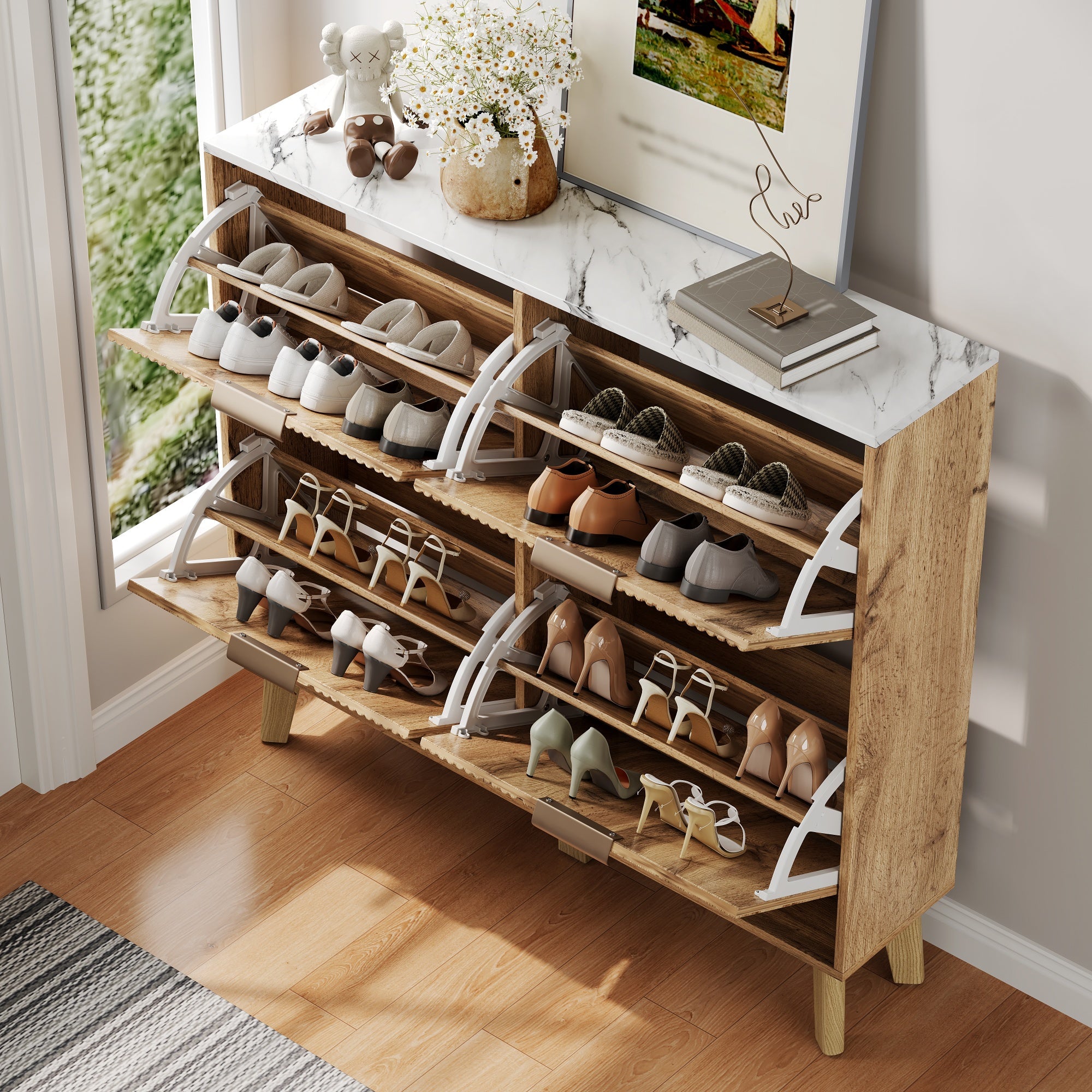 Shoe Cabinet with 4 Doors and Marble Look Worktop, Wood Look and Solid Wood Legs