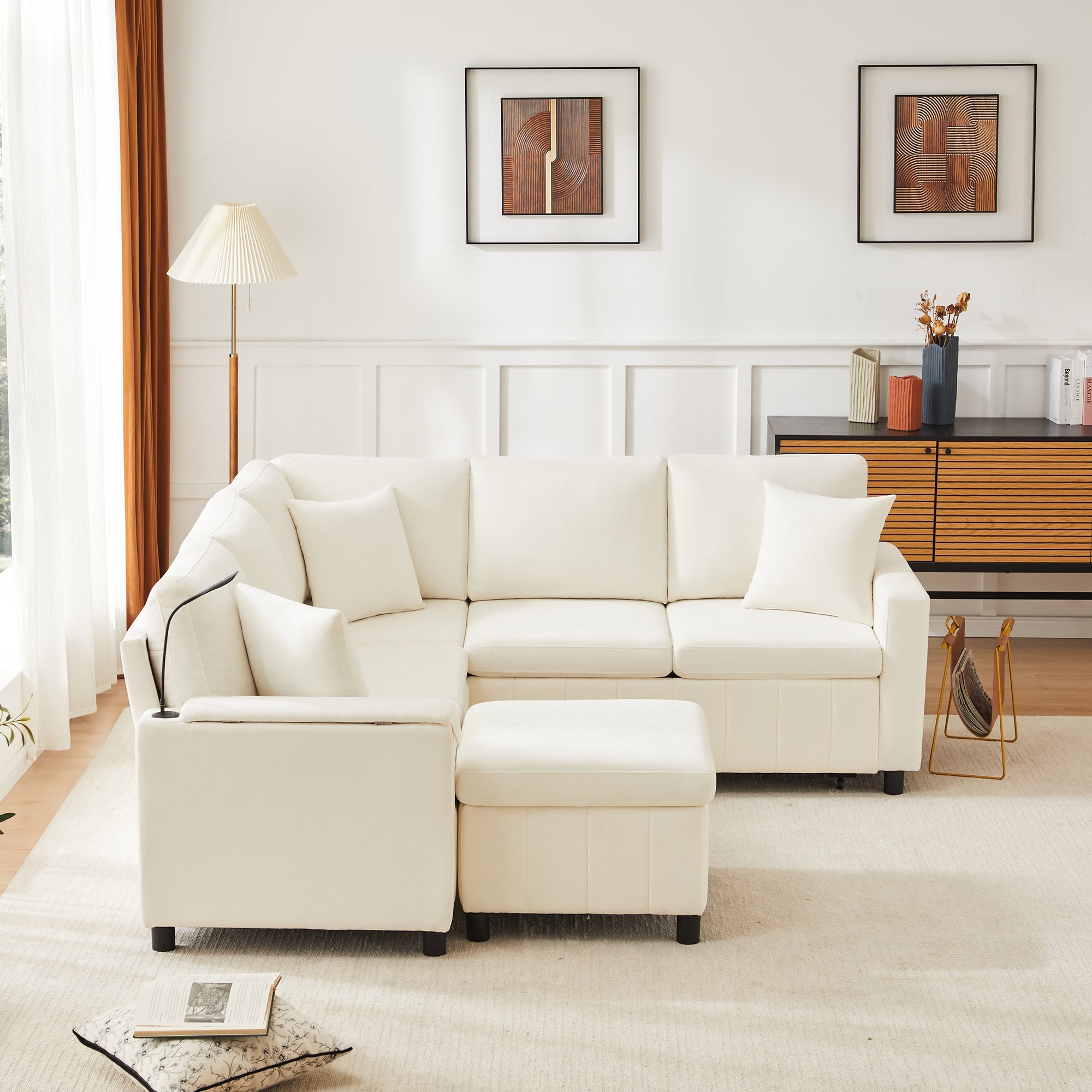 Chenille Corner Sofa Bed with Ottoman and USB Charging, Beige