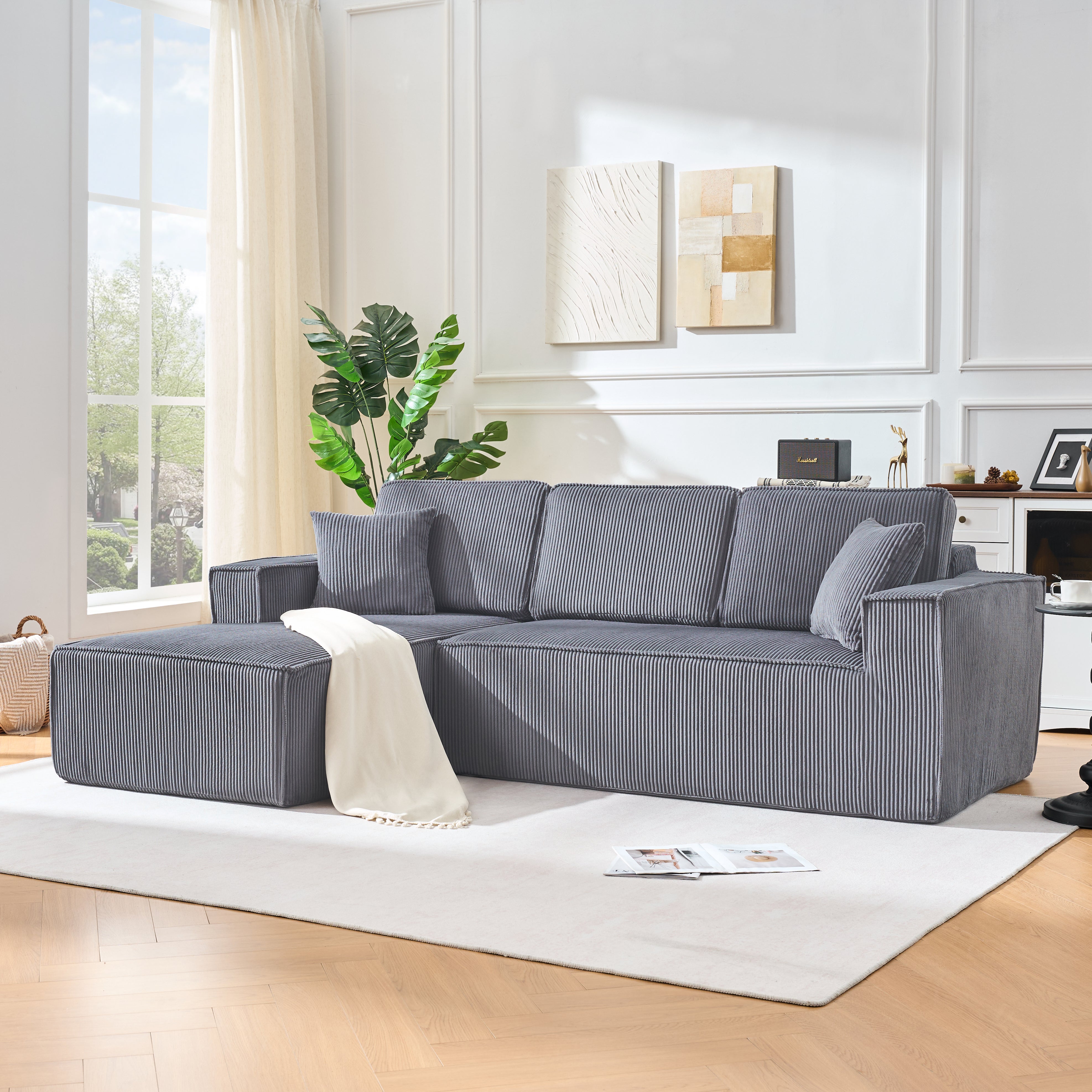 L-Shaped Modular Corner Sofa with Chaise Longue and High-Density Foam, Grey Corduroy