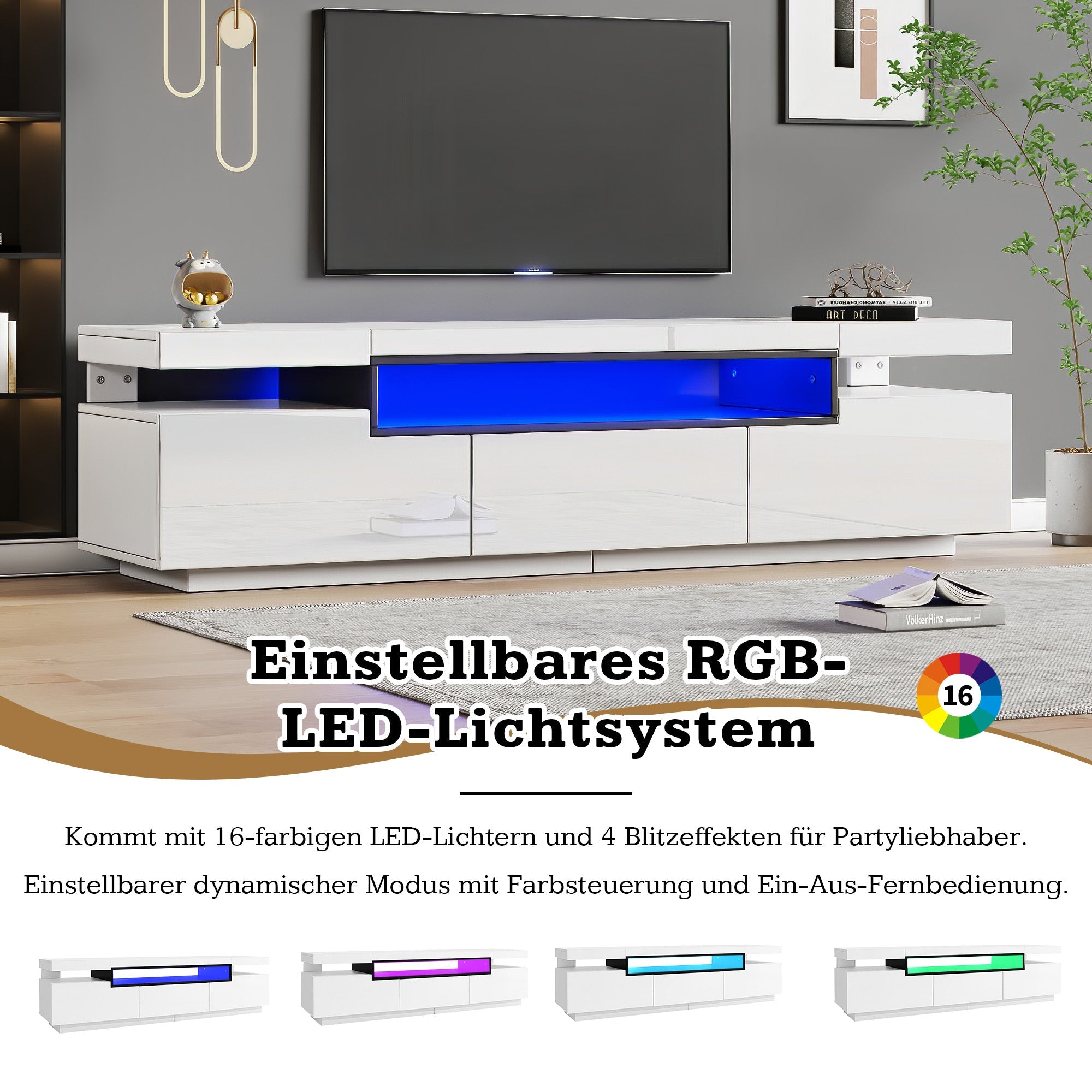 TV Cabinet, 160x39x42cm LED Lighting, 3 Drawers, White High-Gloss